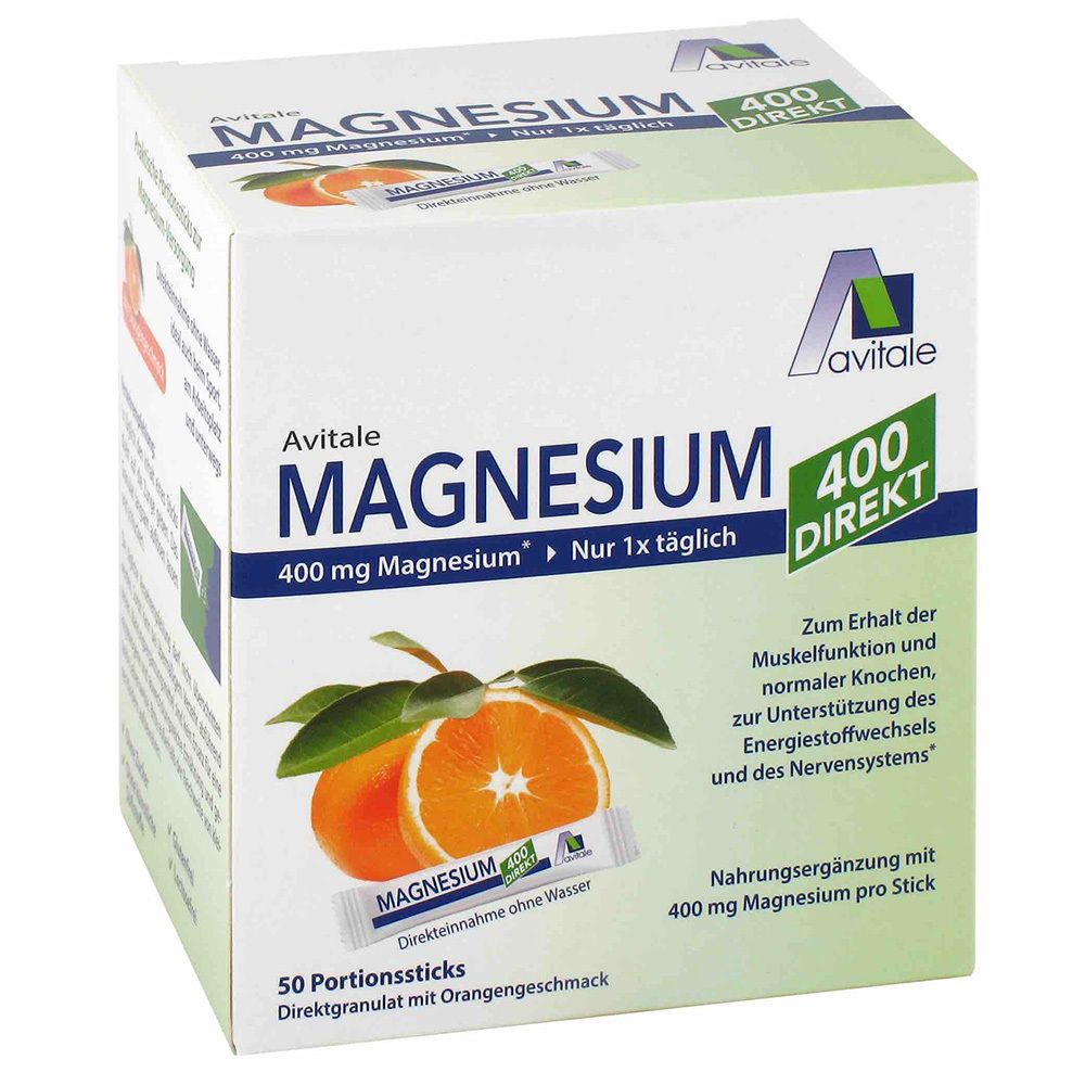 Avitale Magnesium 400 DIREKT. Karton mit 50 Portionssticks. Orangen-Abbildung. Text: 400 mg Magnesium, DIREKT.