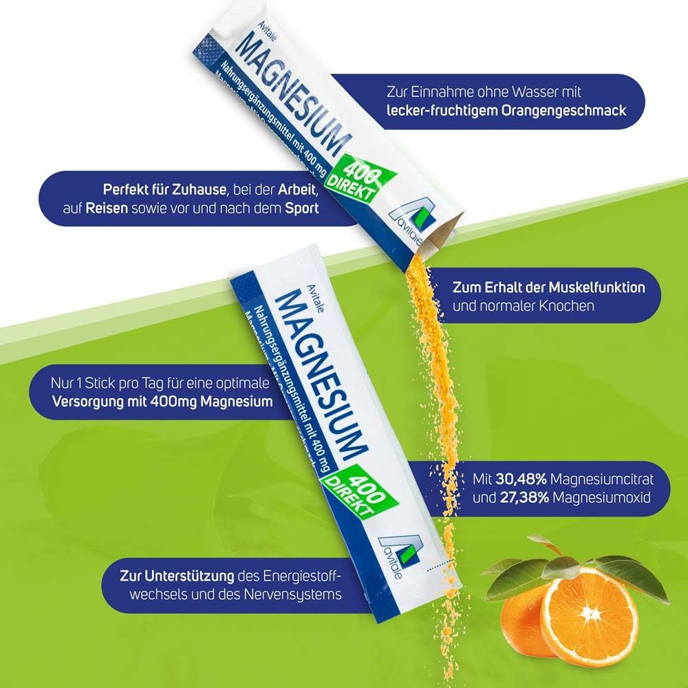 Magnesium 400 DIREKT Stick. Geöffnet, Granulat wird ausgeschüttet. Text: 400 mg Magnesium, DIREKT. Orangen-Abbildung.
