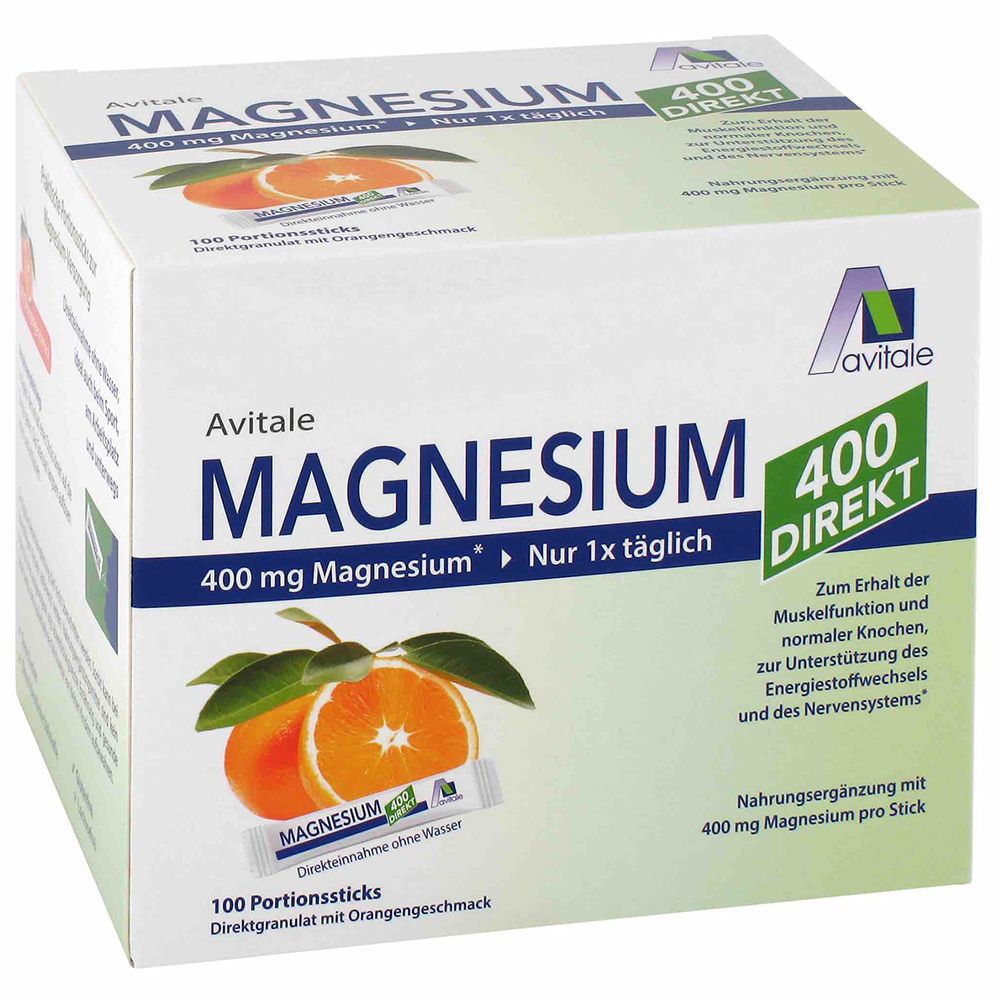 Schachtel Avitale Magnesium 400 DIREKT. 100 Portionensticks. Orangen-Abbildung. Text: 400 mg Magnesium, Nur 1x täglich.
