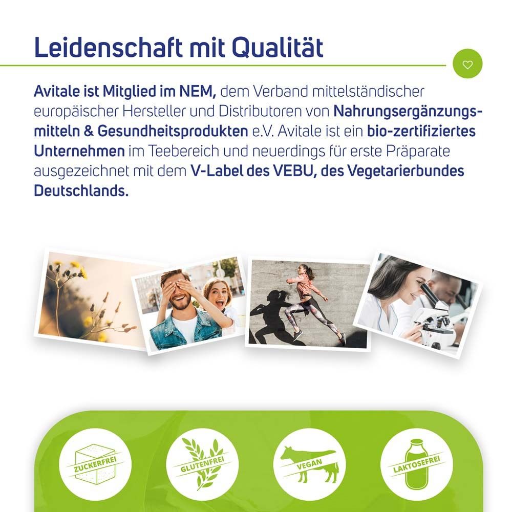 Text über Avitale. Logos: Zuckerfrei, Glutenfrei, Vegan, Laktosefrei. Zertifizierungen.