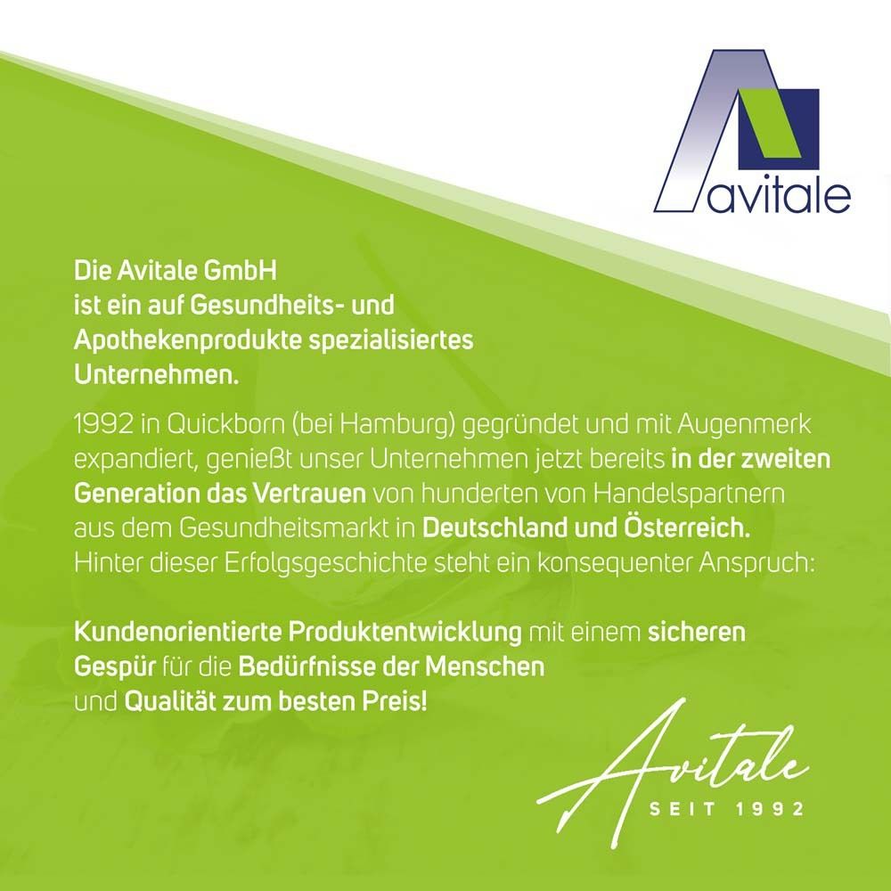Text über Avitale GmbH. Gegründet 1992. Fokus auf Gesundheitsprodukte. Text: Kundenorientierte Produktentwicklung.