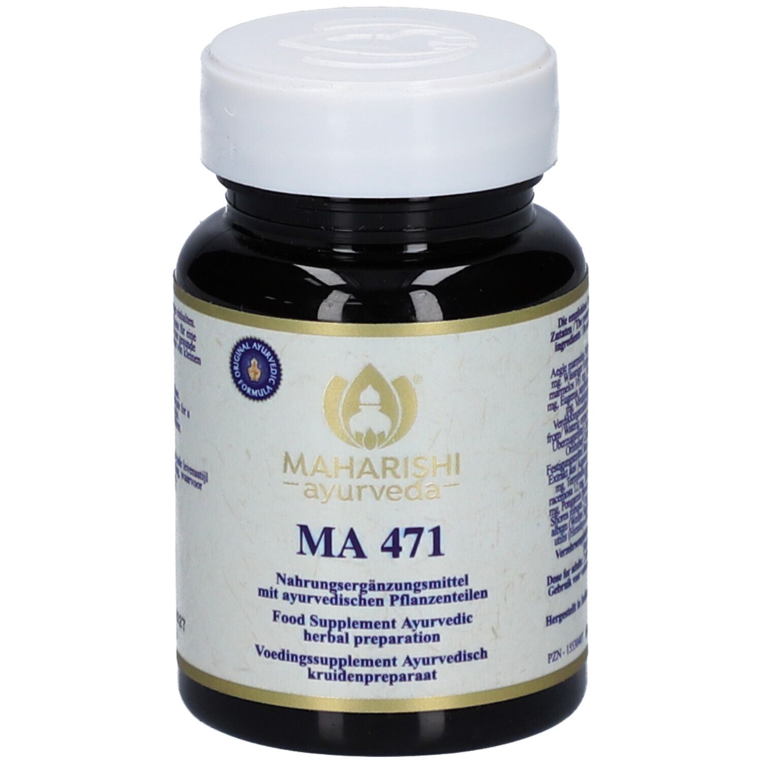 Braune Flasche mit weißem Deckel. Aufschrift: Maharishi Ayurveda MA 471. Nahrungsergänzungsmittel mit ayurvedischen Pflanzenteilen.