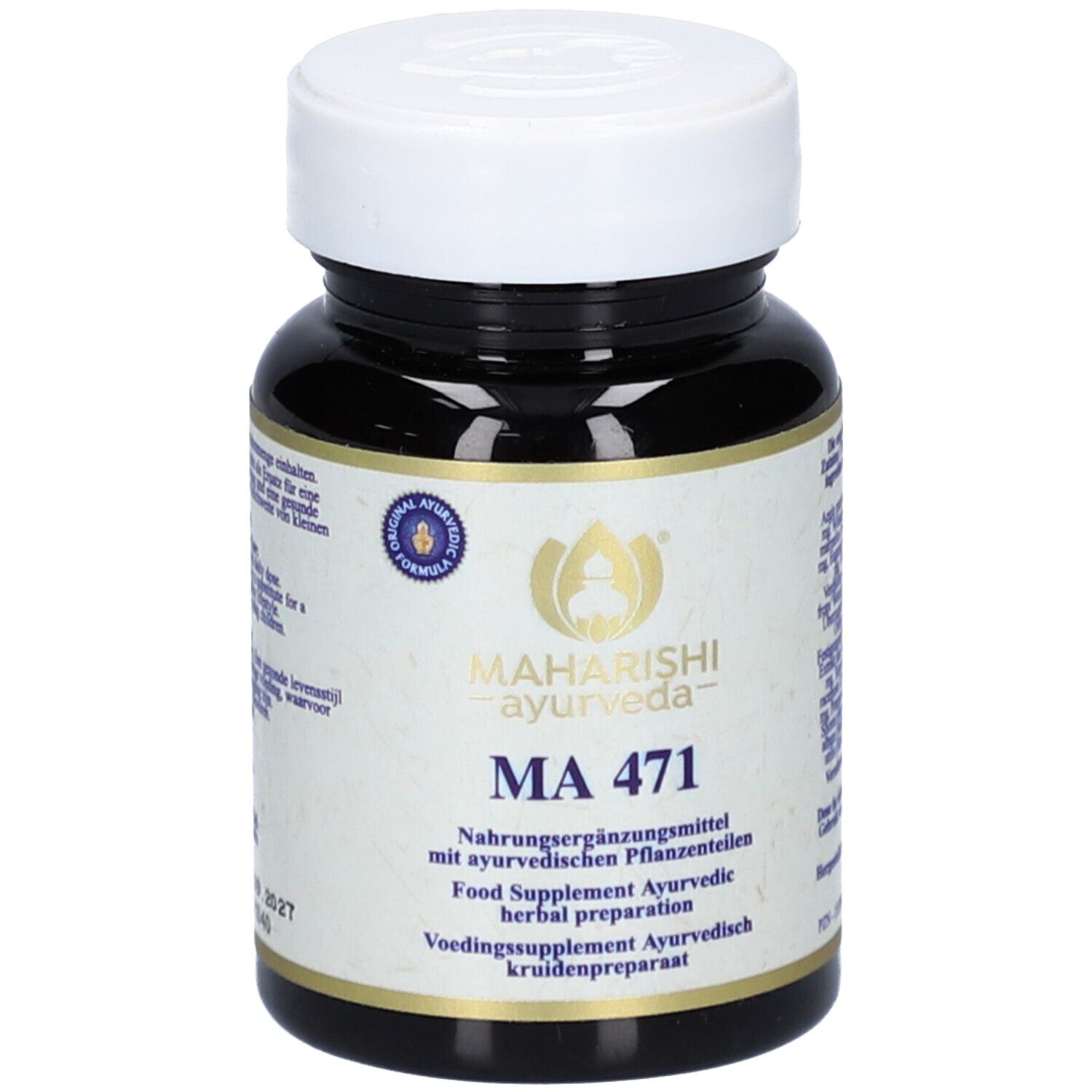 Braune Flasche mit weißem Deckel. Aufschrift: Maharishi Ayurveda MA 471. Nahrungsergänzungsmittel mit ayurvedischen Pflanzenteilen.