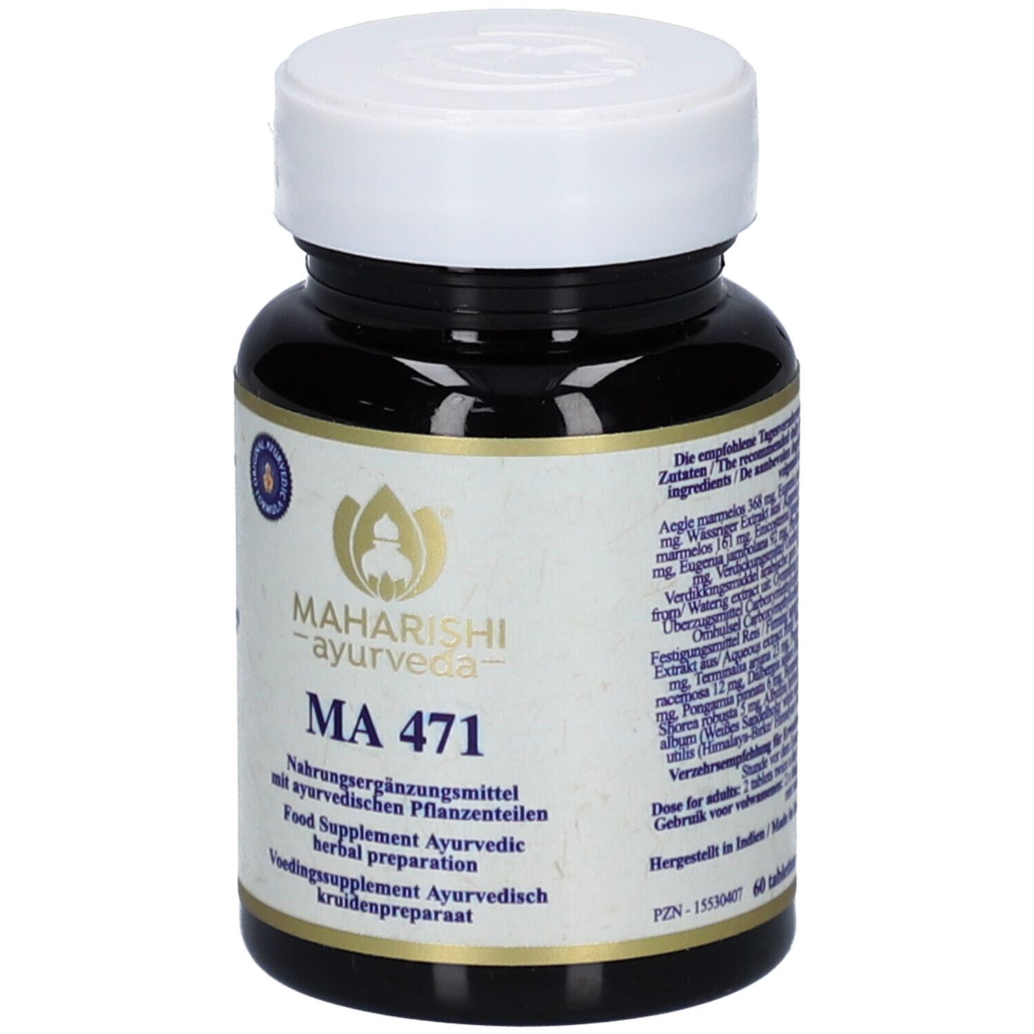 Braune Flasche mit weißem Deckel. Aufschrift: Maharishi Ayurveda MA 471. Nahrungsergänzungsmittel mit ayurvedischen Pflanzenteilen.