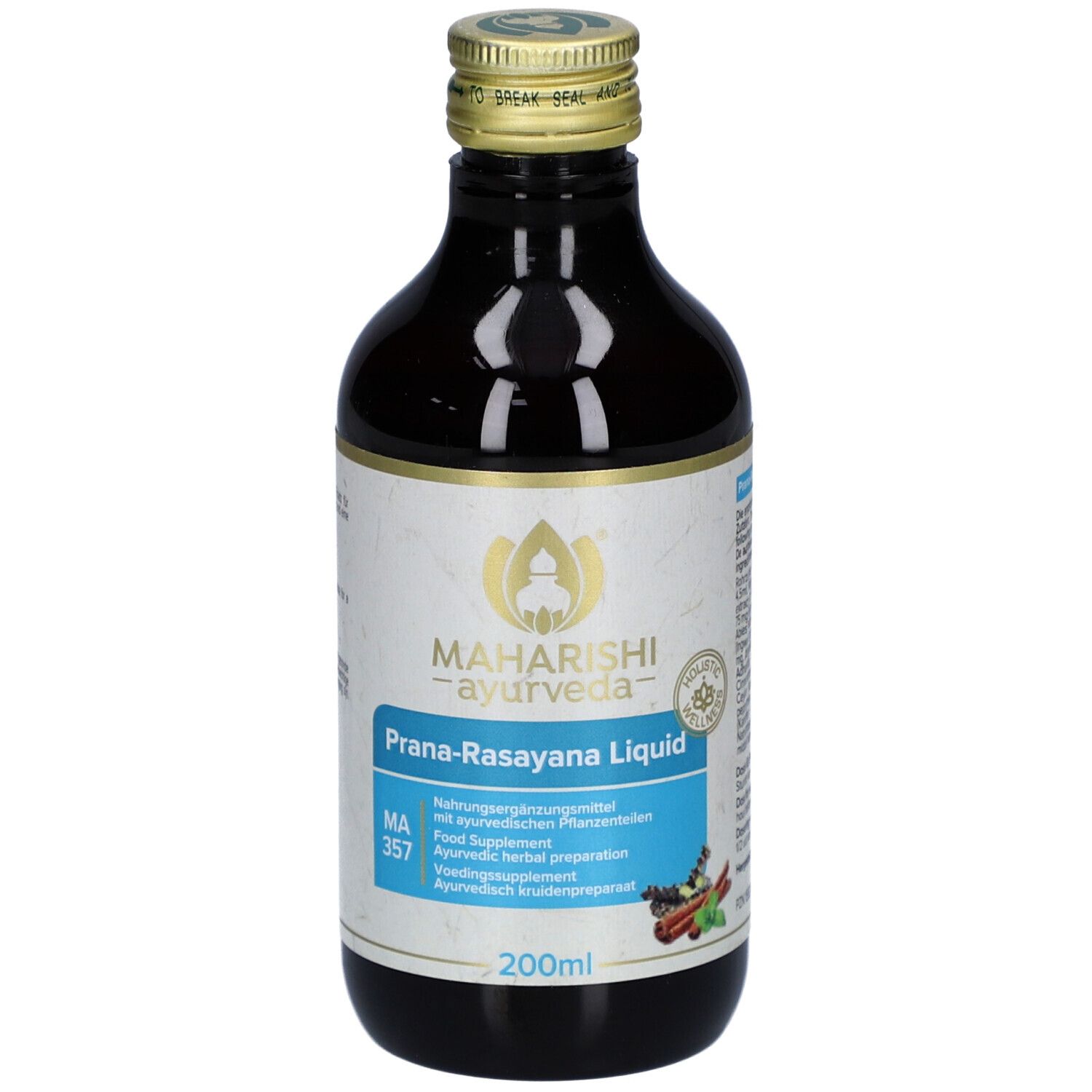 Braune Glasflasche mit goldfarbenem Deckel. Etikett mit Produktnamen und Logo. 200ml Volumenangabe.