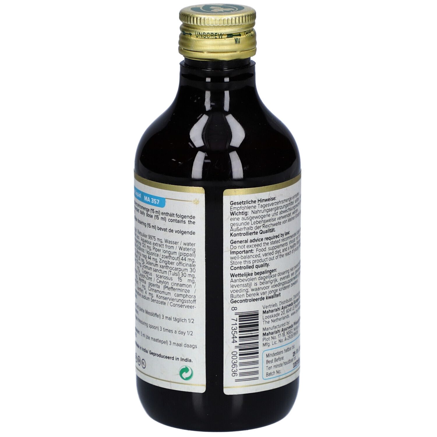 Rückansicht der Flasche. Etikett mit Inhaltsstoffen und Dosierungsanweisungen. Text in mehreren Sprachen.