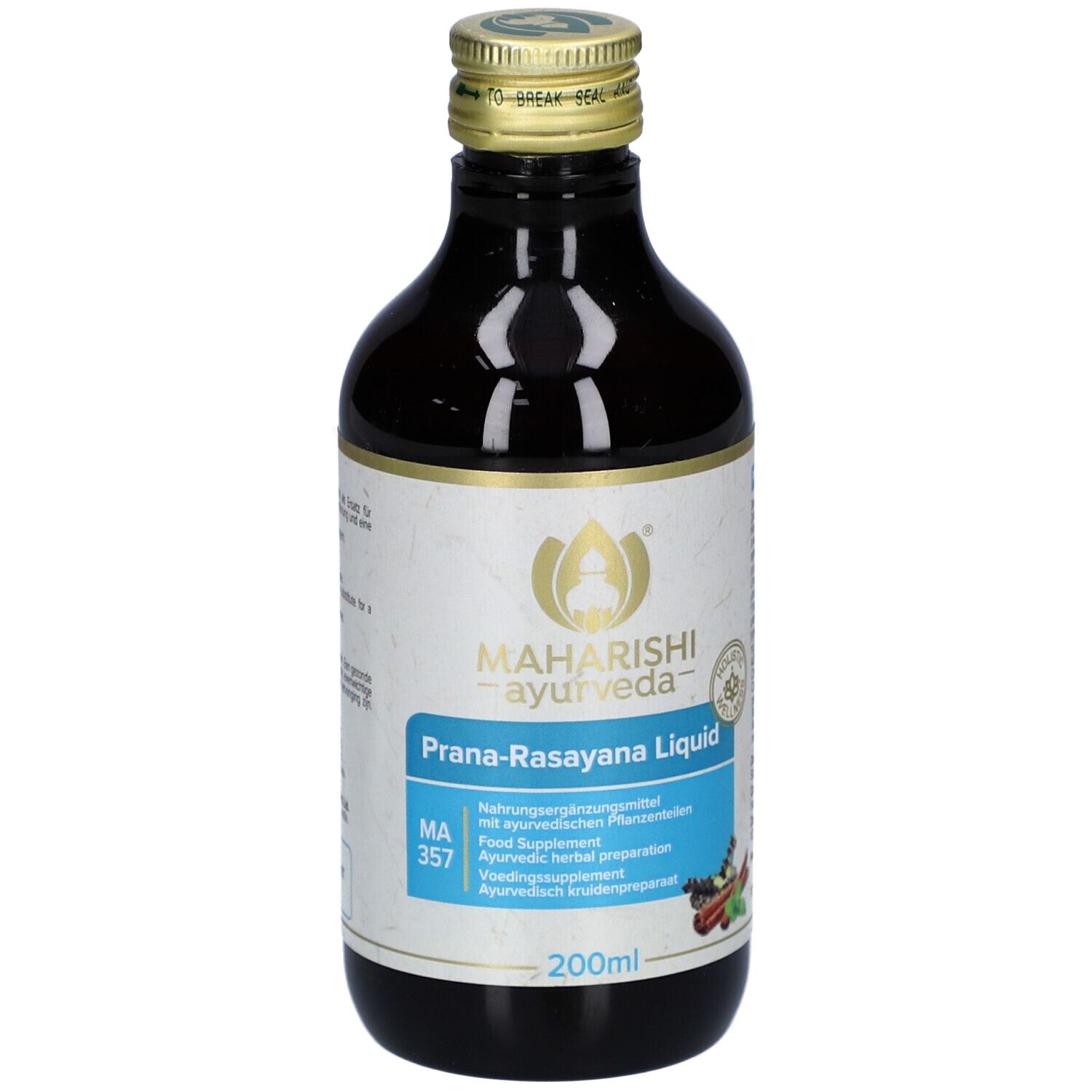 Braune Glasflasche mit goldfarbenem Deckel. Etikett mit Produktnamen und Logo. 200ml Volumenangabe.