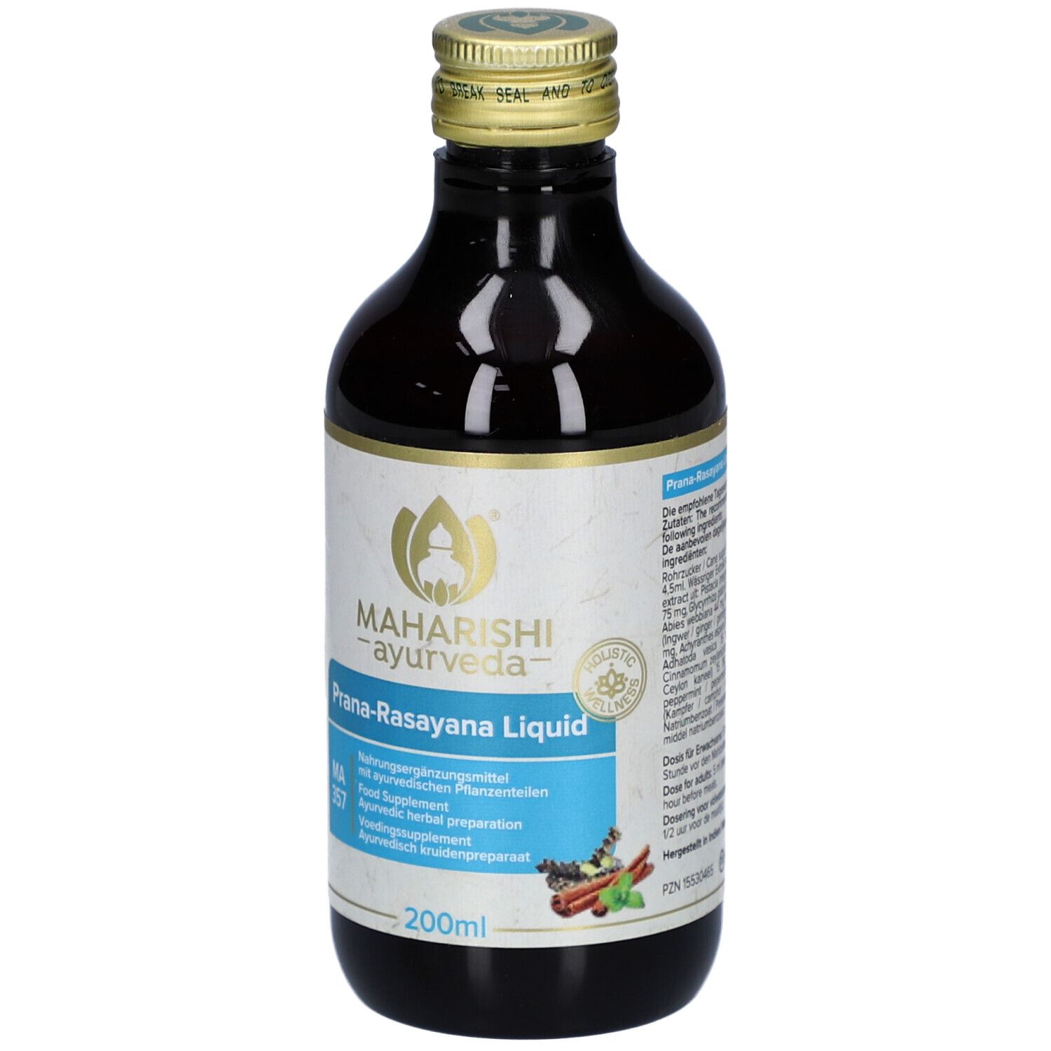 Braune Glasflasche mit goldfarbenem Deckel. Etikett mit Produktnamen und Logo. 200ml Volumenangabe.
