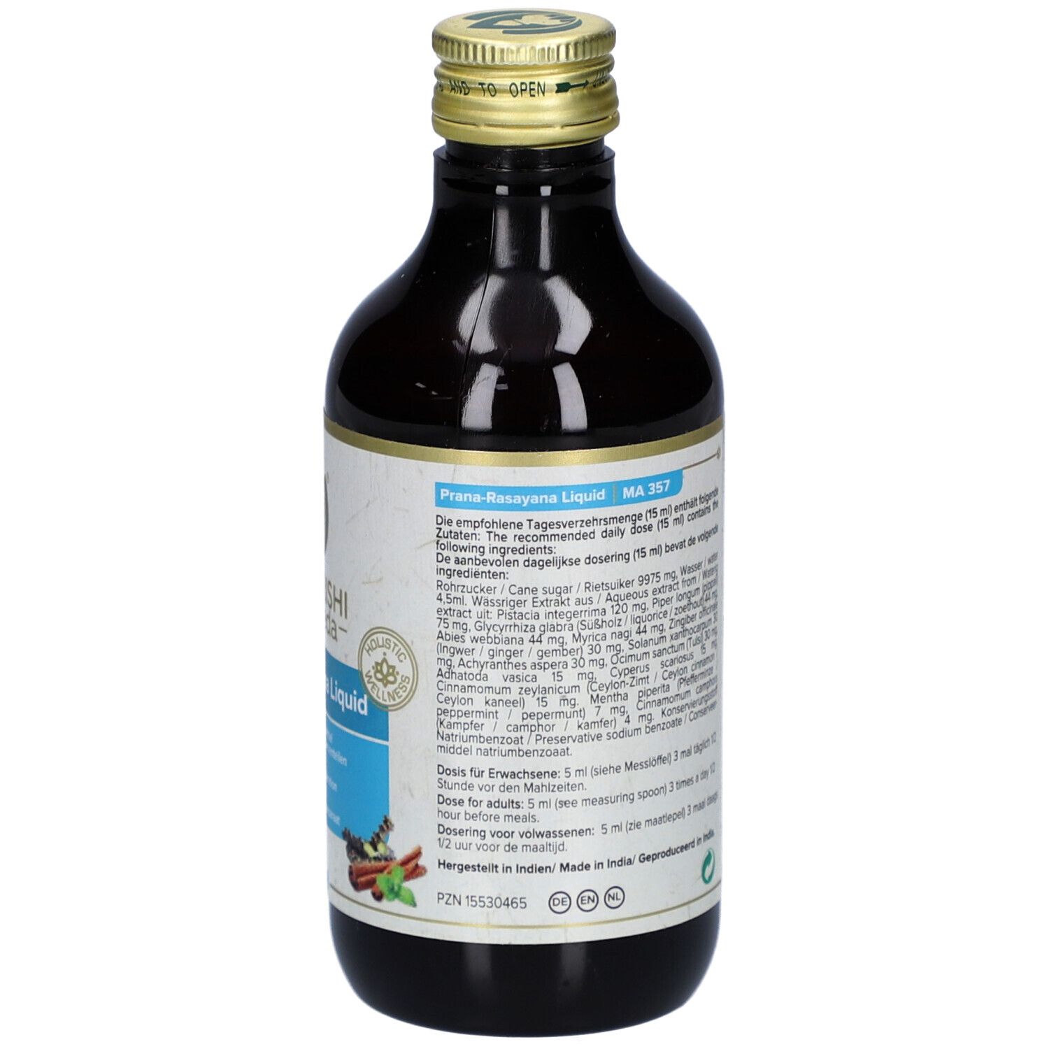 Rückansicht der Flasche. Etikett mit Inhaltsstoffen und Dosierungsanweisungen. Text in mehreren Sprachen.