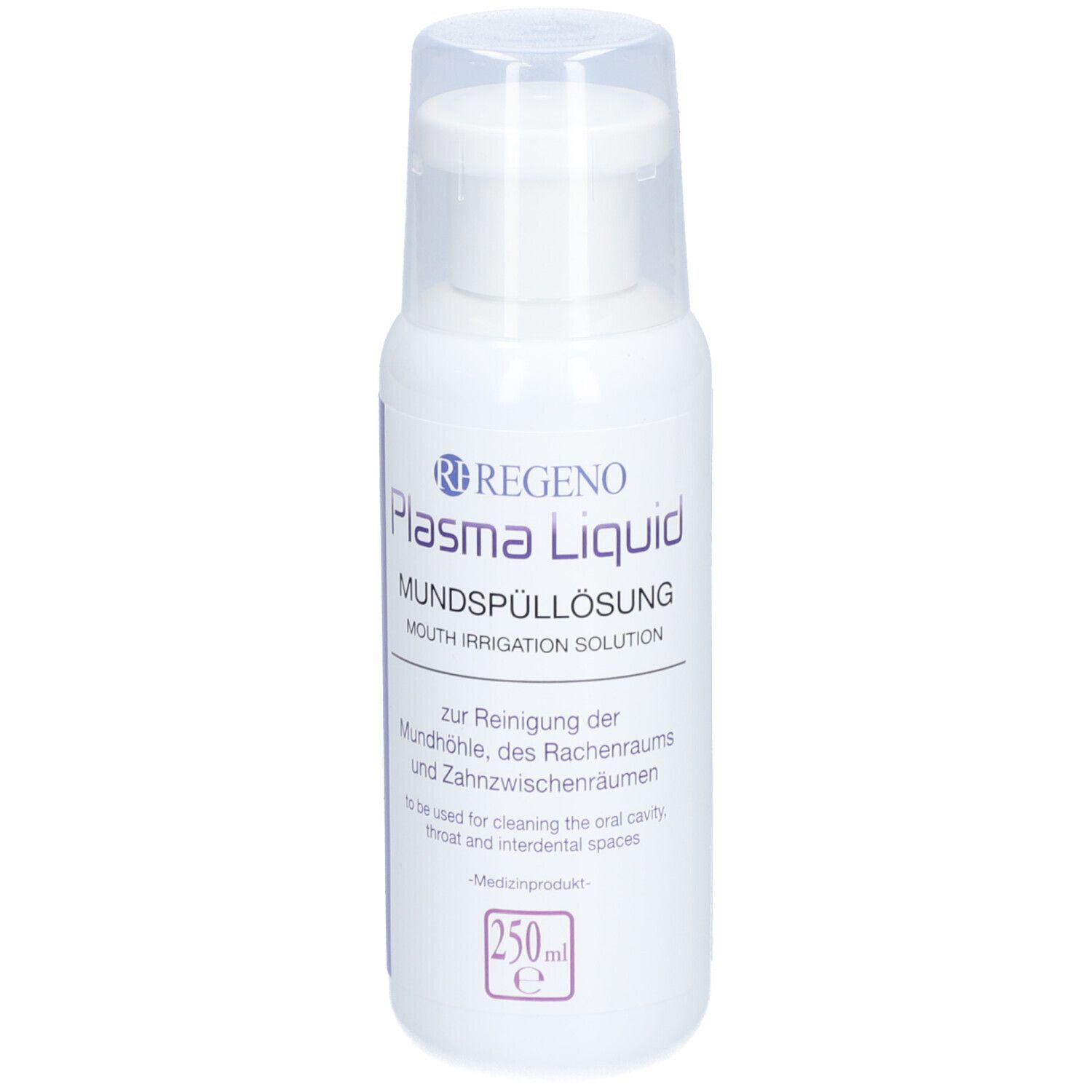 Weiße Flasche mit transparentem Deckel. Aufschrift: Plasma Liquid Mundspüllösung. 250ml.