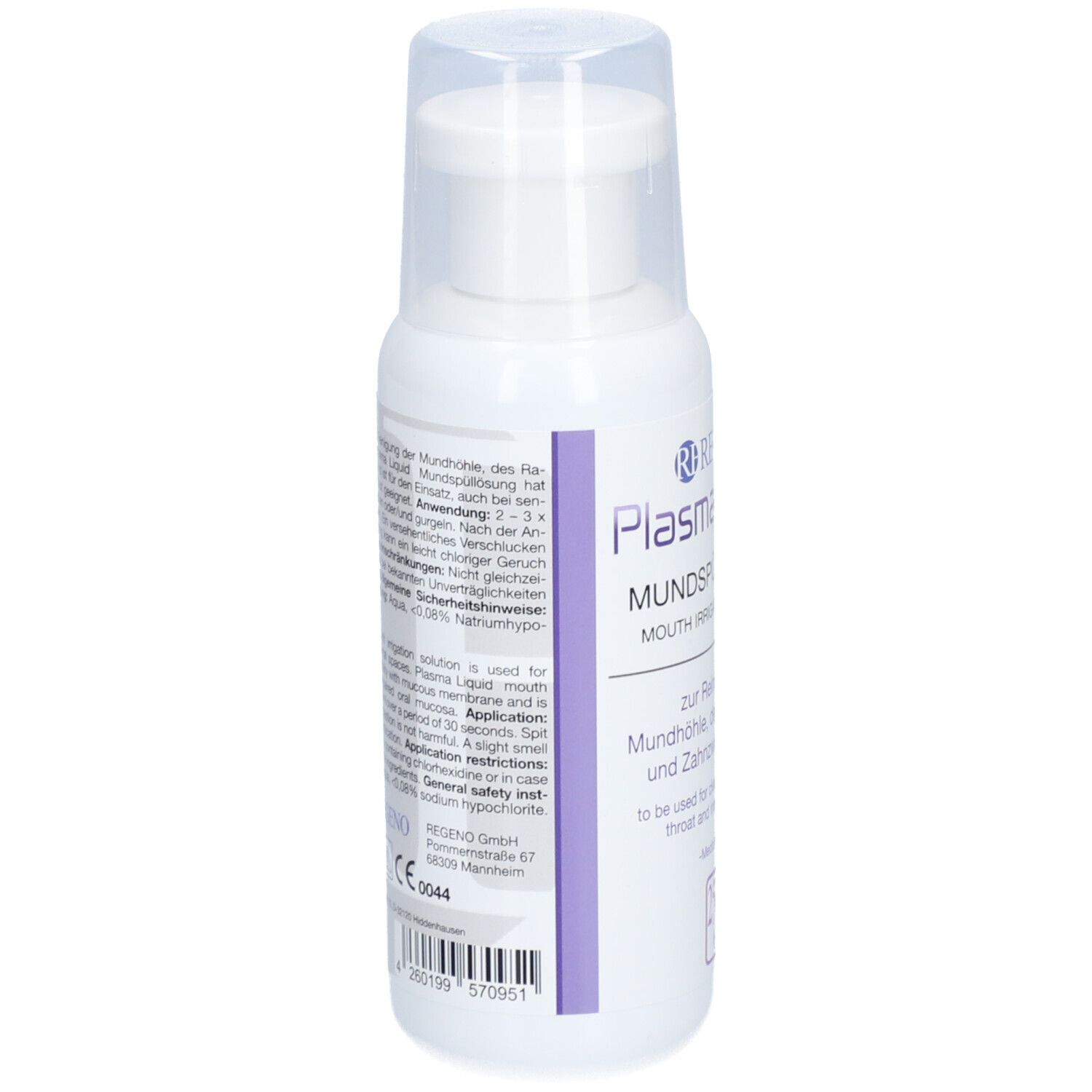 Weiße Flasche mit transparentem Deckel. Aufschrift: Plasma Liquid Mundspüllösung. Text auf lila Streifen.