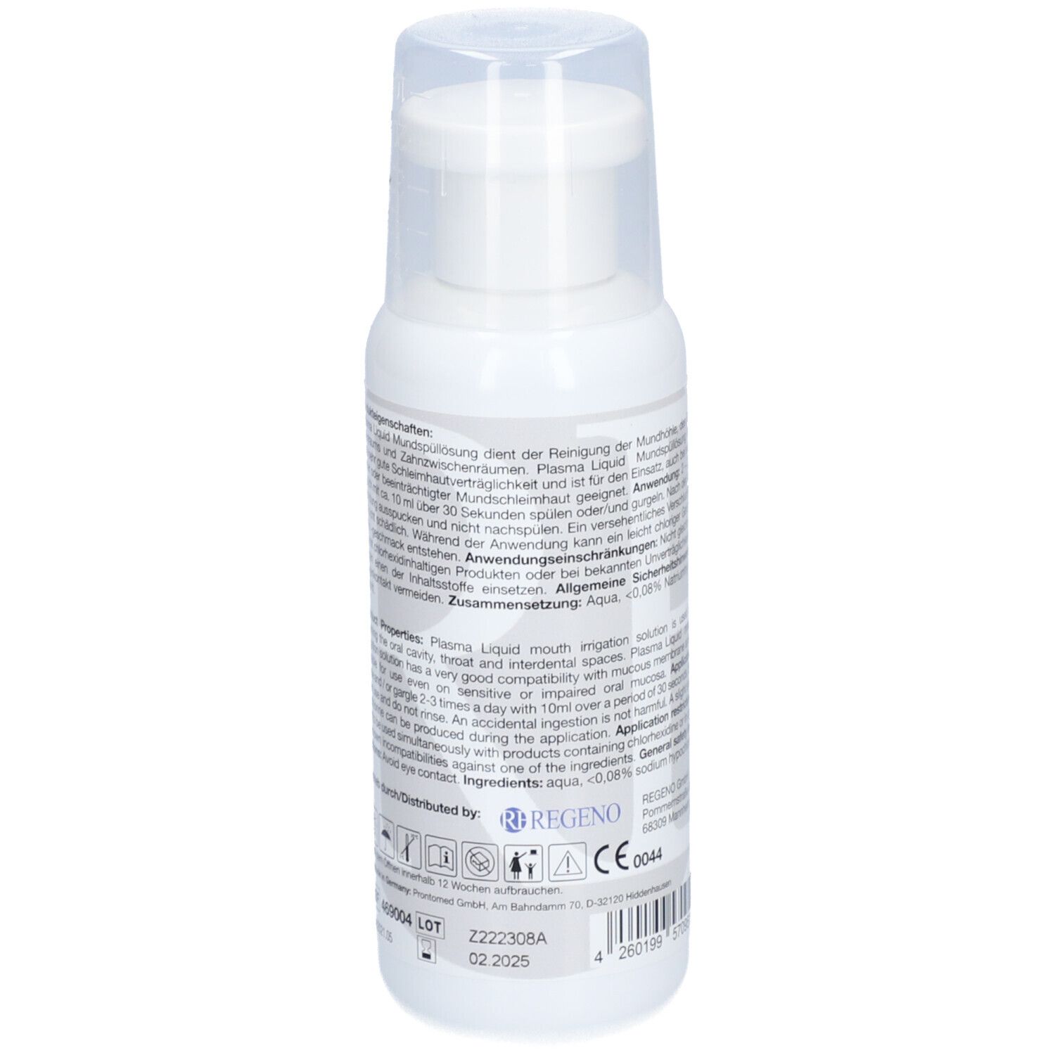 Weiße Flasche mit transparentem Deckel. Text auf der Rückseite. Aufschrift: Plasma Liquid Mundspüllösung.