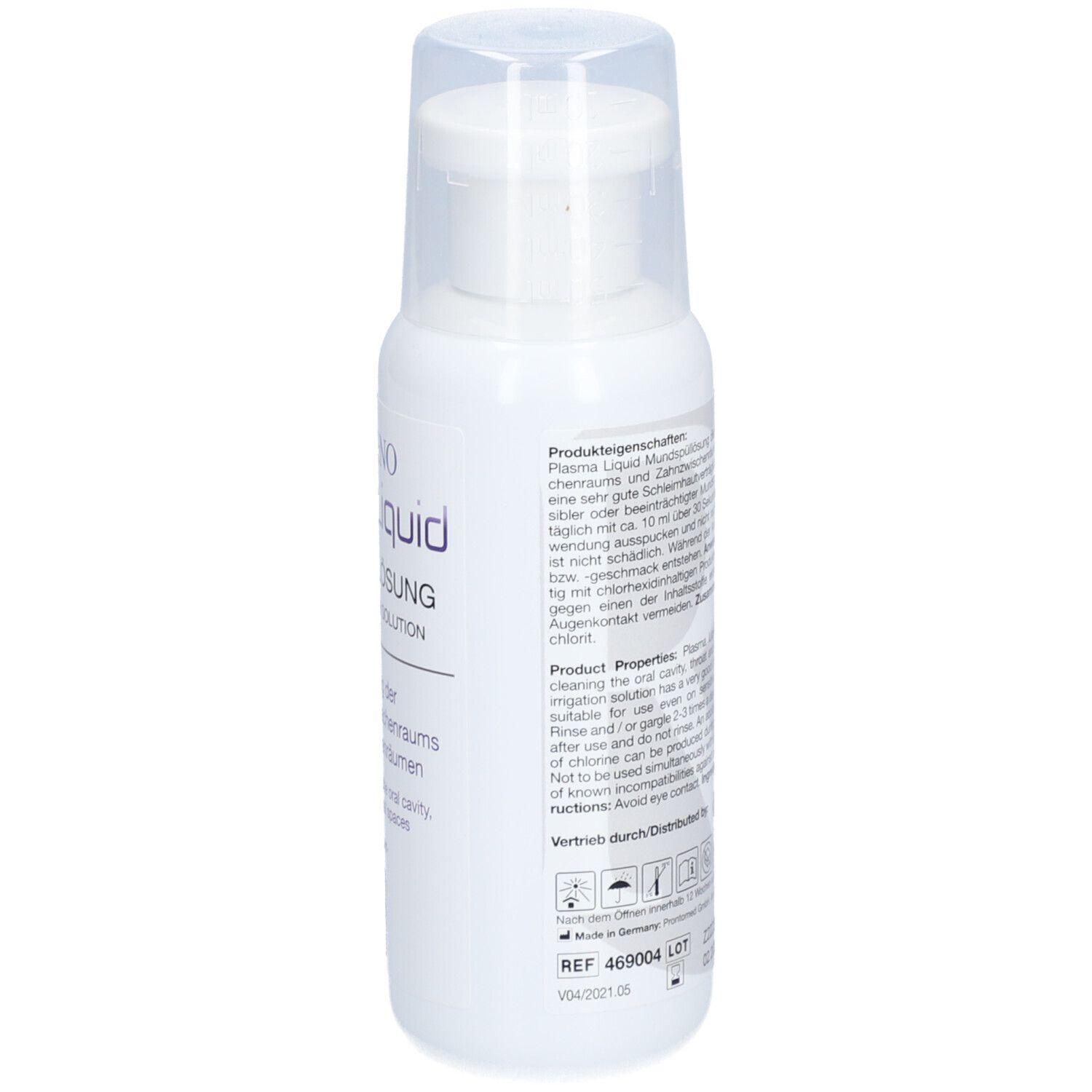 Weiße Flasche mit transparentem Deckel. Text auf der Rückseite. Aufschrift: Plasma Liquid Mundspüllösung.