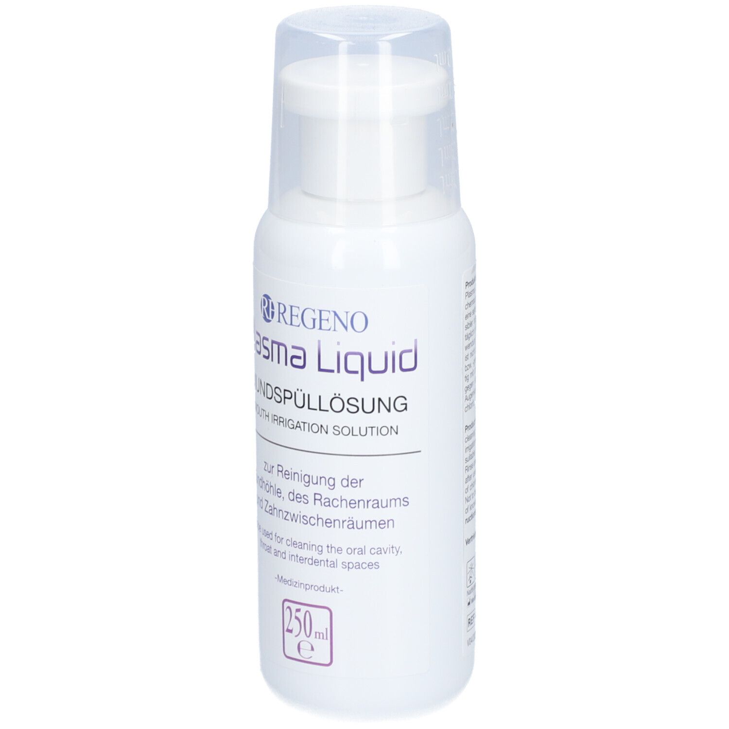 Weiße Flasche mit transparentem Deckel. Text auf der Rückseite. Aufschrift: Plasma Liquid Mundspüllösung.