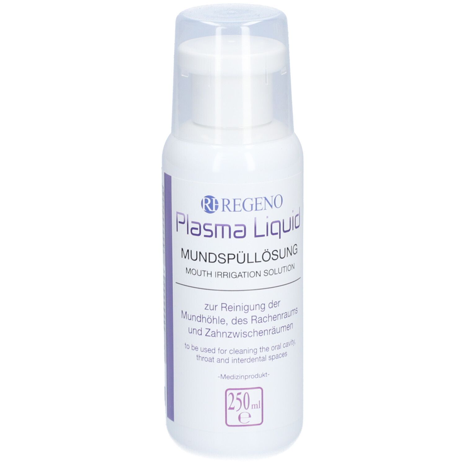 Weiße Flasche mit transparentem Deckel. Aufschrift: Plasma Liquid Mundspüllösung. 250ml.