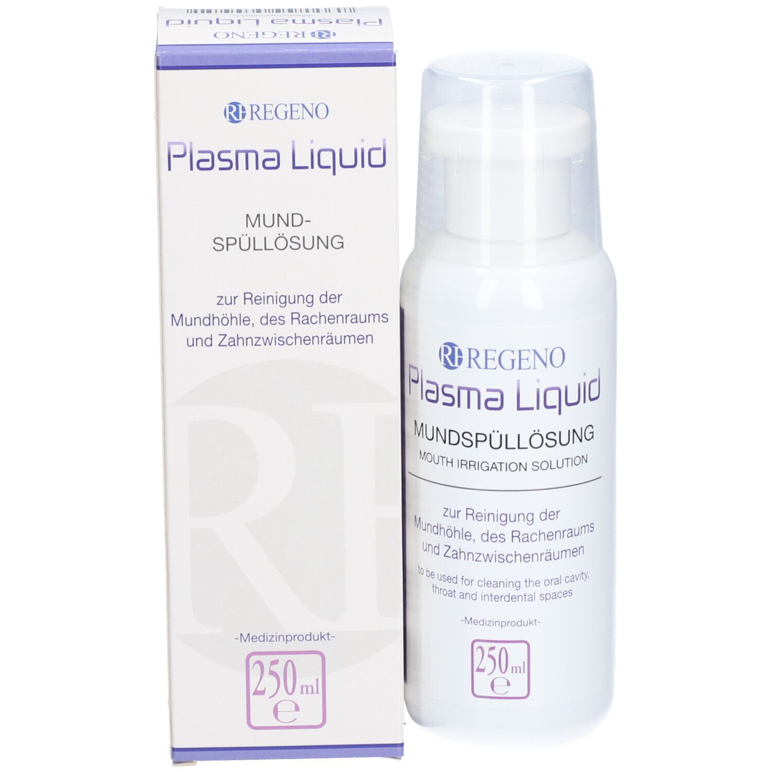 Weiße Flasche mit transparentem Deckel und Karton. Aufschrift: Plasma Liquid Mundspüllösung. 250ml.