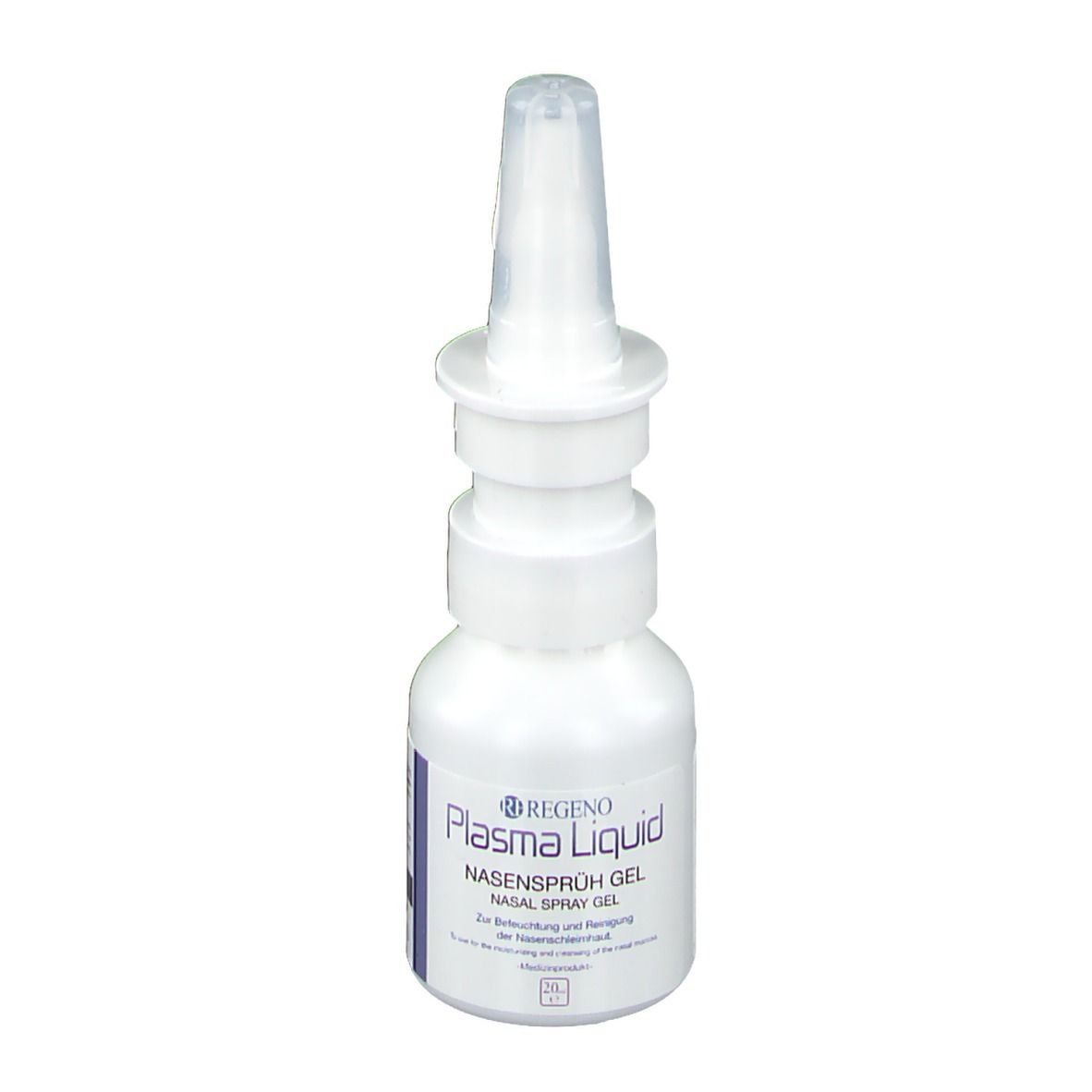 Weiße Flasche mit Nasensprüh-Gel. Aufschrift: Plasma Liquid Nasensprüh Gel. Sprühkopf.