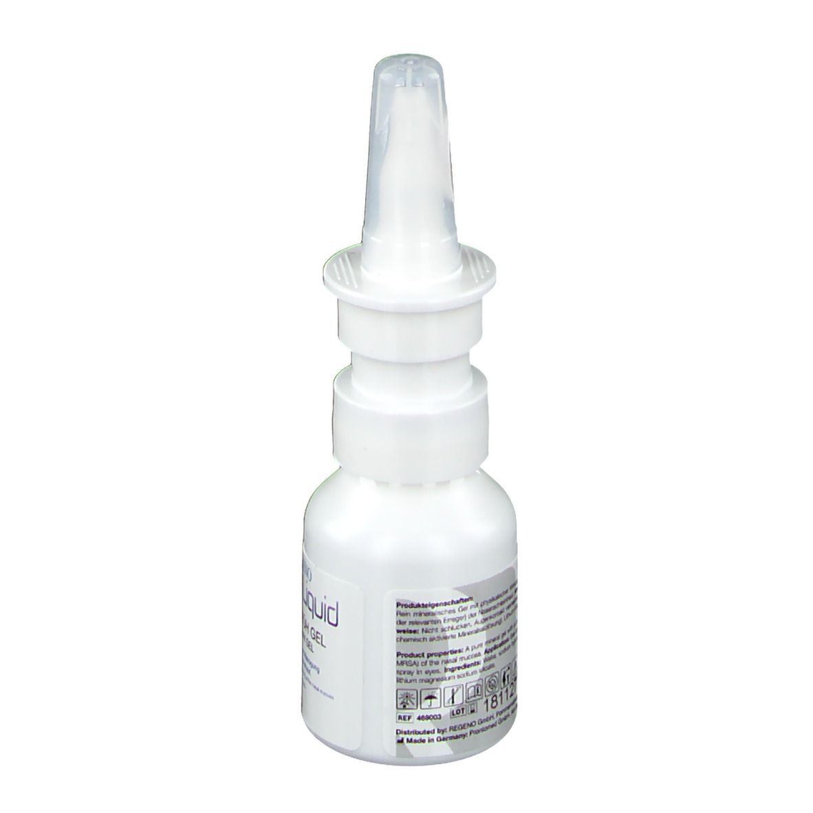 Weiße Flasche mit Nasensprüh-Gel. Aufschrift: Plasma Liquid Nasensprüh Gel. Rückseite mit Text.