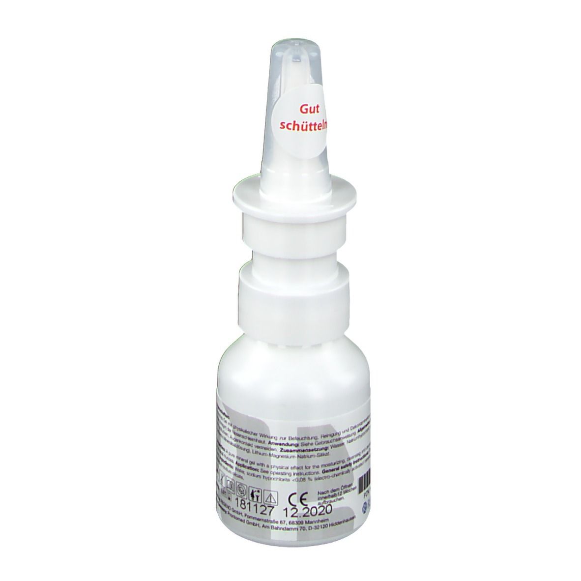 Weiße Flasche mit Nasensprüh-Gel. Aufschrift: Plasma Liquid Nasensprüh Gel. Aufkleber: Gut schütteln.