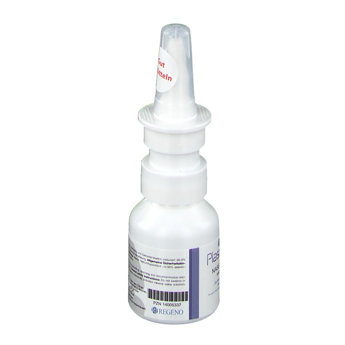 Weiße Flasche mit Nasensprüh-Gel. Aufschrift: Plasma Liquid Nasensprüh Gel. Aufkleber: Nicht schütteln.