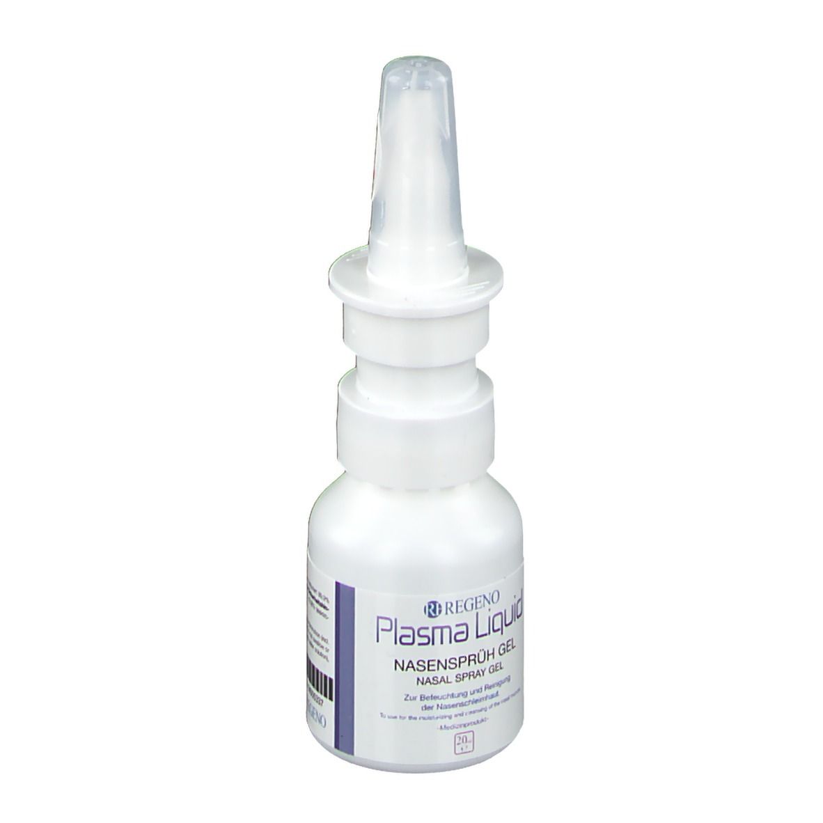 Weiße Flasche mit Nasensprüh-Gel. Aufschrift: Plasma Liquid Nasensprüh Gel. Sprühkopf.