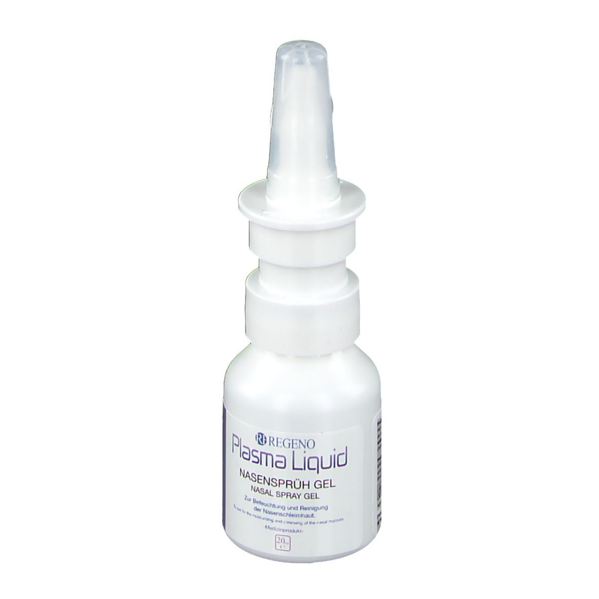 Weiße Flasche mit Nasensprüh-Gel. Aufschrift: Plasma Liquid Nasensprüh Gel. Sprühkopf.