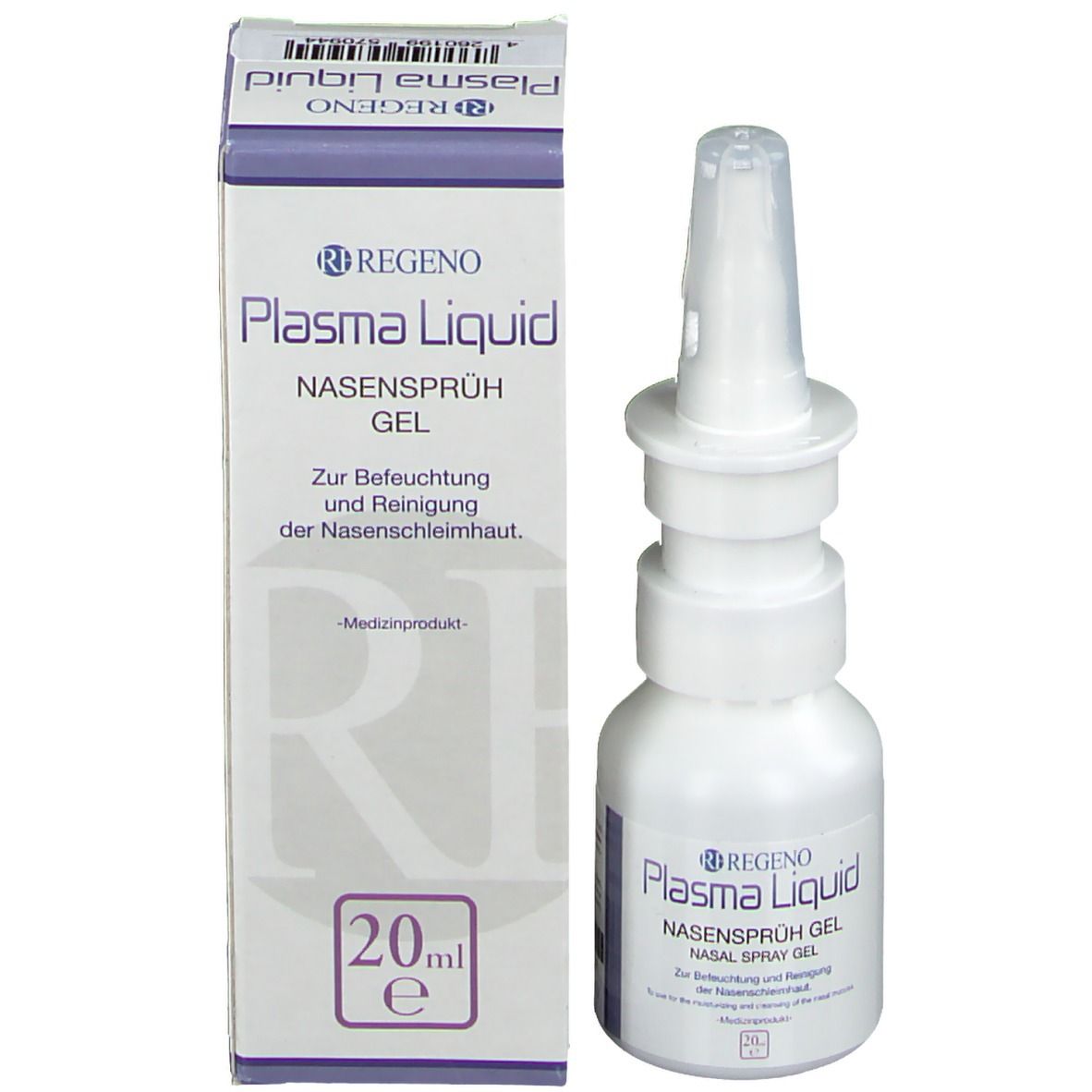 Weiße Flasche mit Nasensprüh-Gel und Karton. Aufschrift: Plasma Liquid Nasensprüh Gel. 20ml.