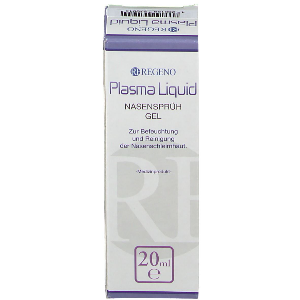 Karton mit Nasensprüh-Gel. Aufschrift: Plasma Liquid Nasensprüh Gel. 20ml.