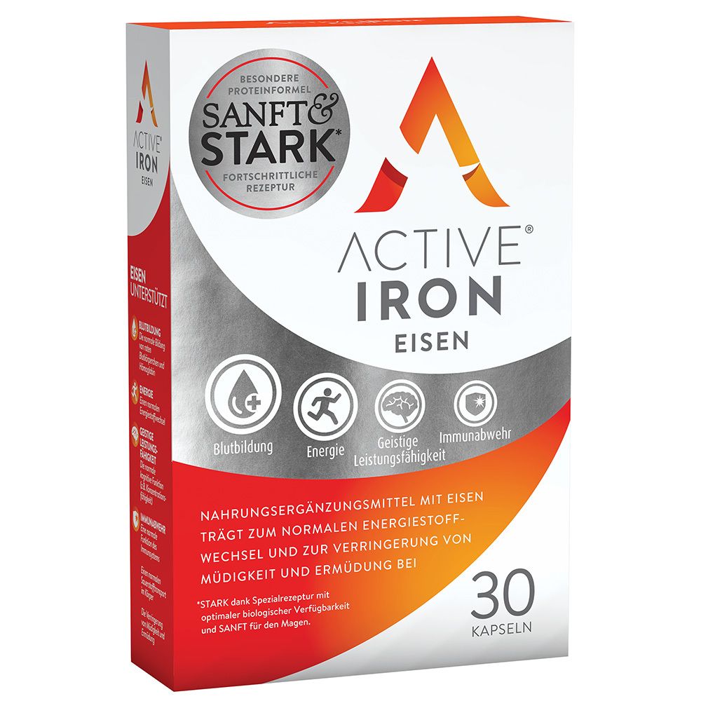 Active Iron Eisen-Packung. Enthält 30 Kapseln. Aufdrucke: Sanft & Stark, Blutung, Energie, Leistungsfähigkeit, Immunabwehr.