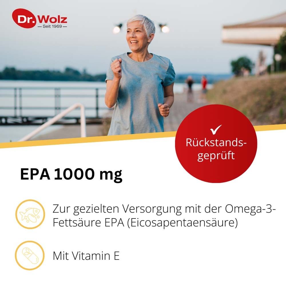 Frau joggt. Roter Kreis mit Text: Rückstandsgeprüft. EPA 1000 mg. Mit Omega-3-Fettsäure EPA und Vitamin E.