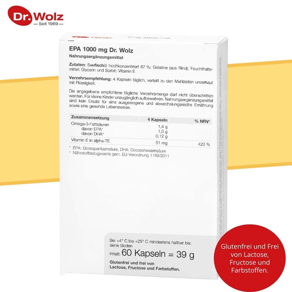 Rückseite der Verpackung. Text: EPA 1000 mg Dr. Wolz. Inhaltsstoffe, Verzehrempfehlung. 60 Kapseln, 39 g. Glutenfrei.