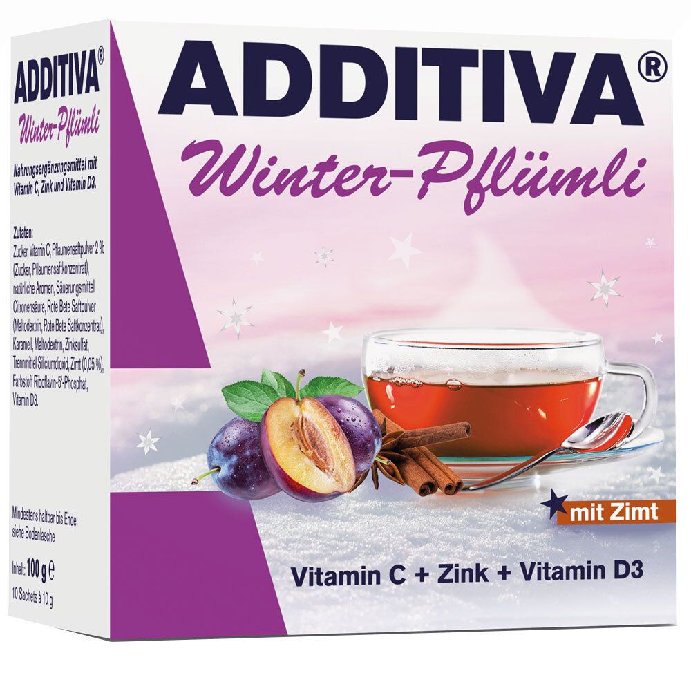 ADDITIVA Winter-Pflümli Packung. Enthält Vitamin C, Zink und Vitamin D3. Abbildung mit Pflaumen, Zimtstange und Tee.