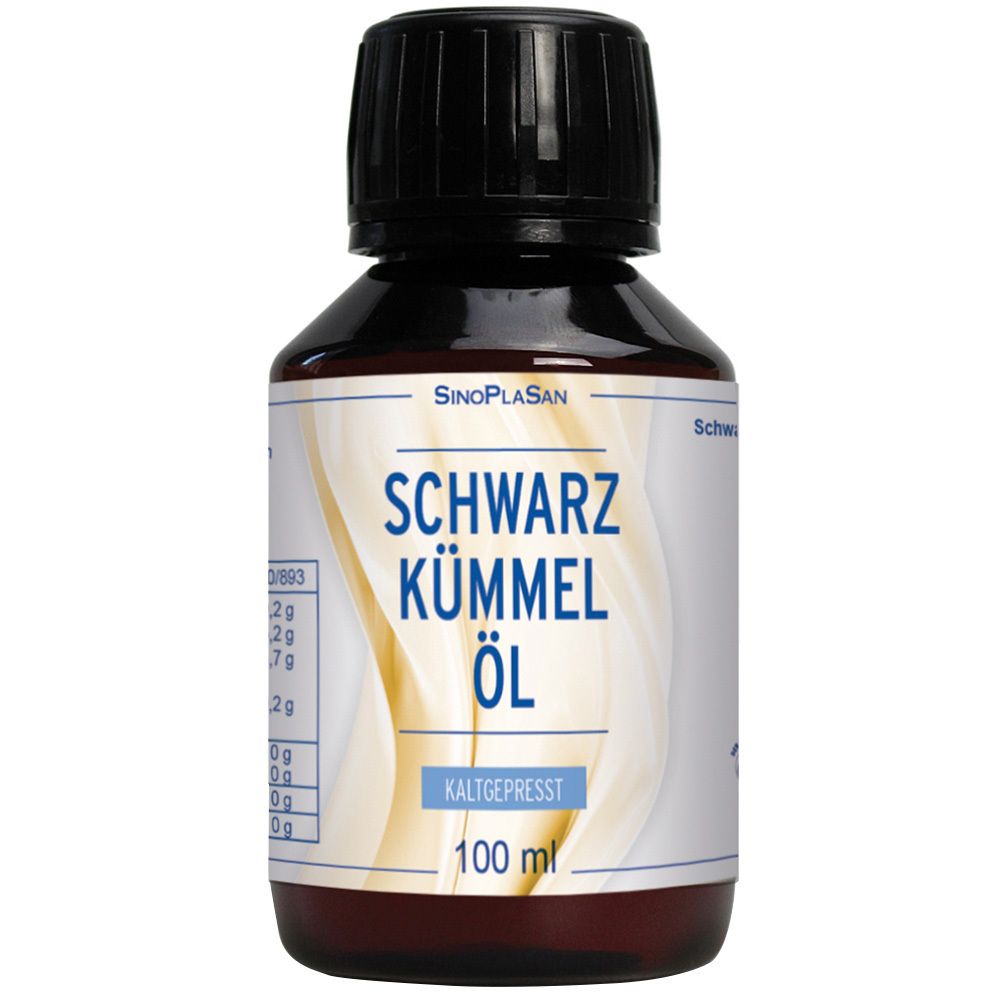 Braune Glasflasche mit schwarzem Deckel. Etikett mit Produktnamen und Marke SinoPlaSan. Aufschrift: SCHWARZ KÜMMEL ÖL.