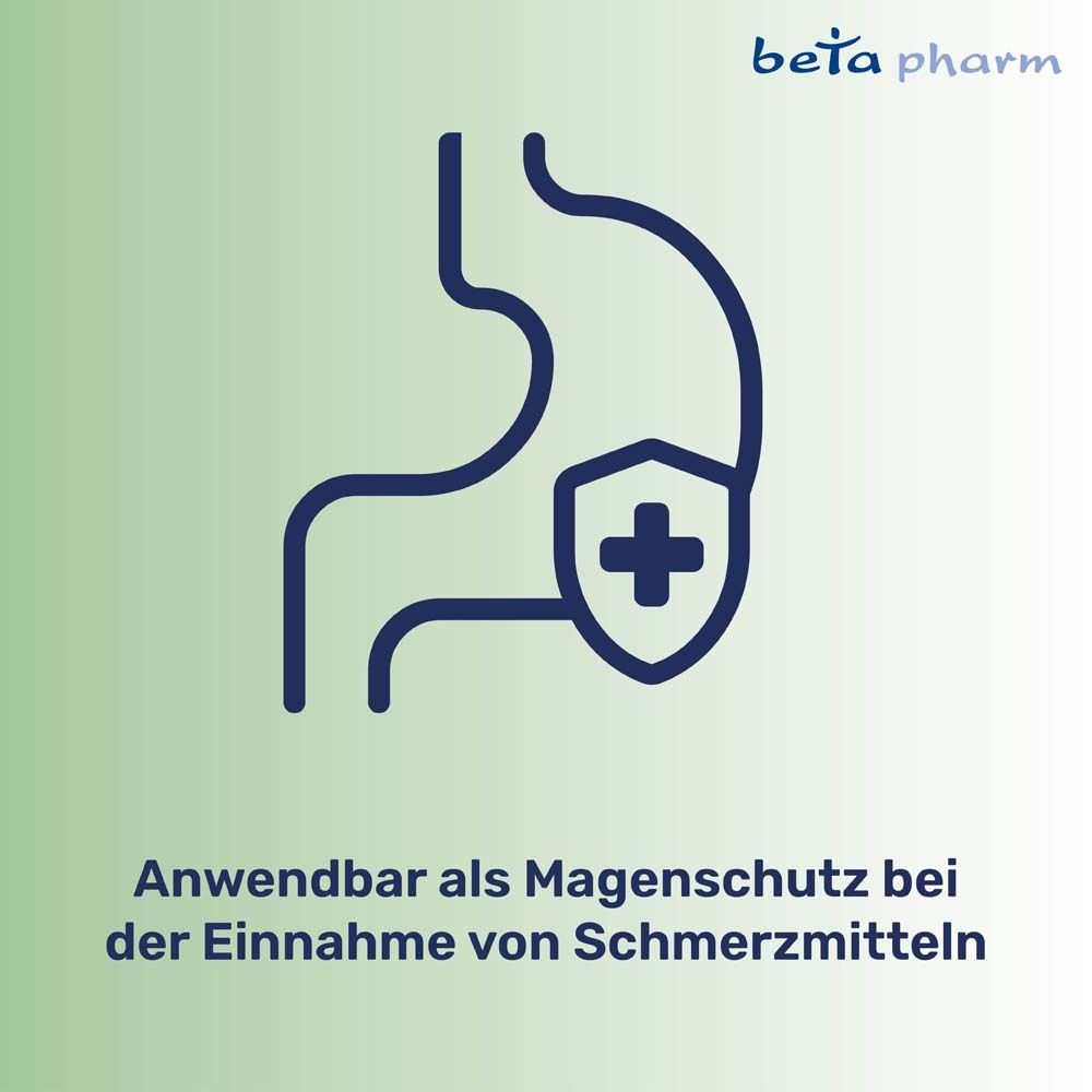 Grafik: Magen mit Schild und Kreuz. Text: Anwendbar als Magenschutz bei Einnahme von Schmerzmitteln. Logo beta pharm.