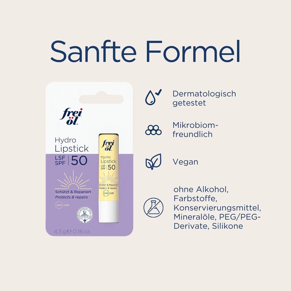 frei öl® HydroLipid Lipstick LSF 50 in Blisterverpackung mit Icons für dermatologisch getestet, mikrobiomfreundlich und vegan.