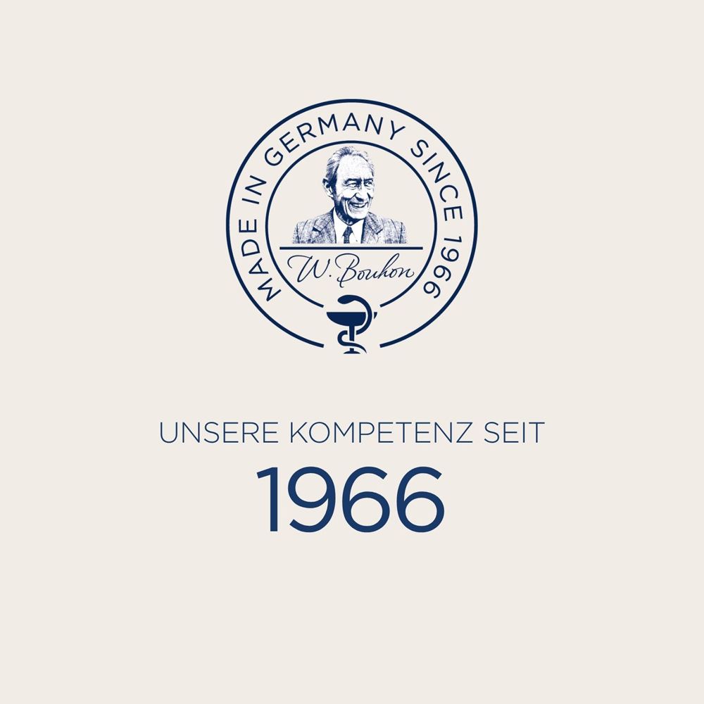 Siegel 'Made in Germany since 1966' mit Porträt von W. Bouhon und Äskulapstab.