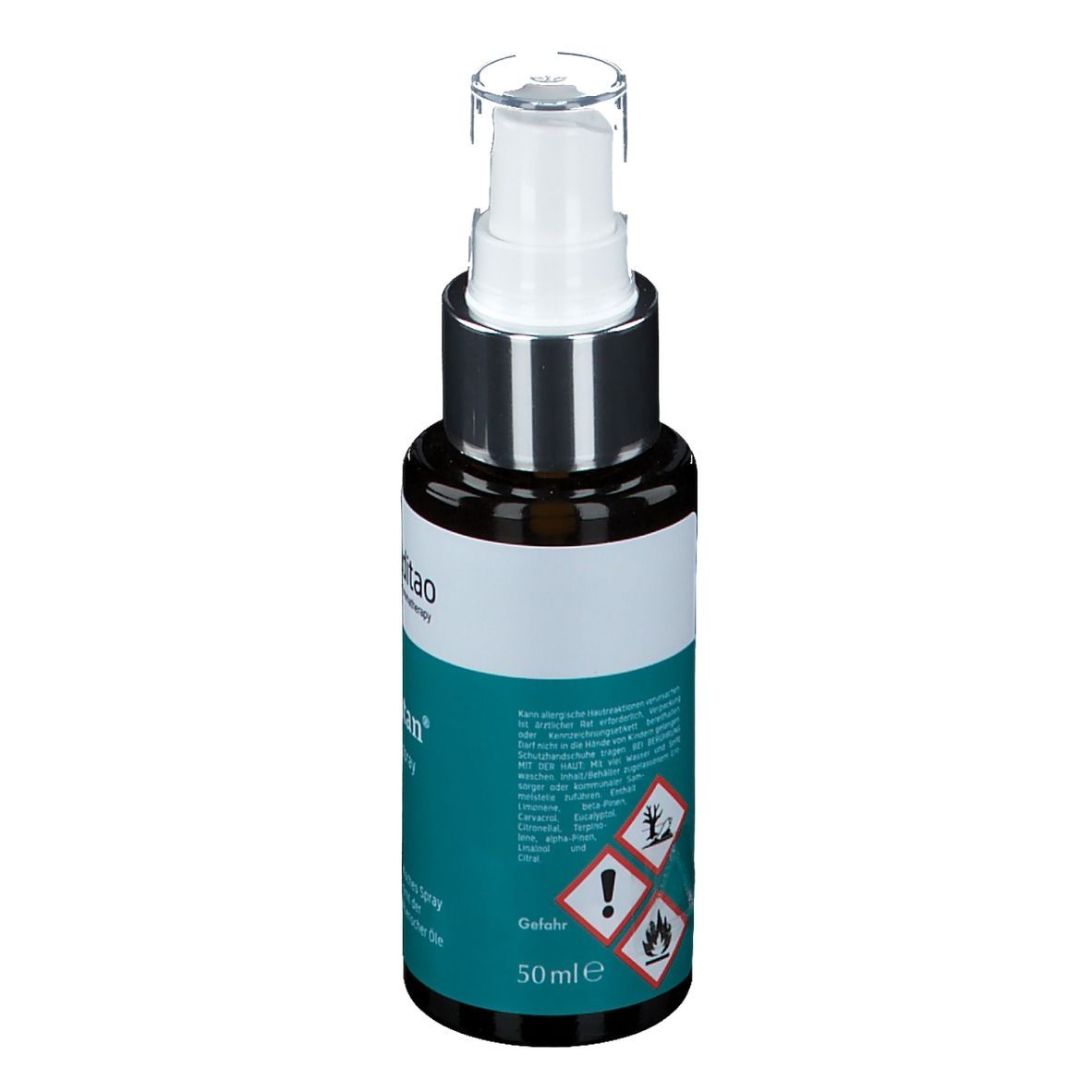 Braune Glasflasche mit weißem Pumpkopf. Aufschrift: Meditao, Oregatan Hygienespray. Etikett mit Gefahrensymbolen und Text.
