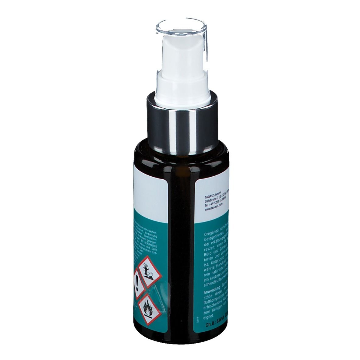 Braune Glasflasche mit weißem Pumpkopf. Aufschrift: Meditao, Oregatan Hygienespray. Etikett mit Gefahrensymbolen und Text.