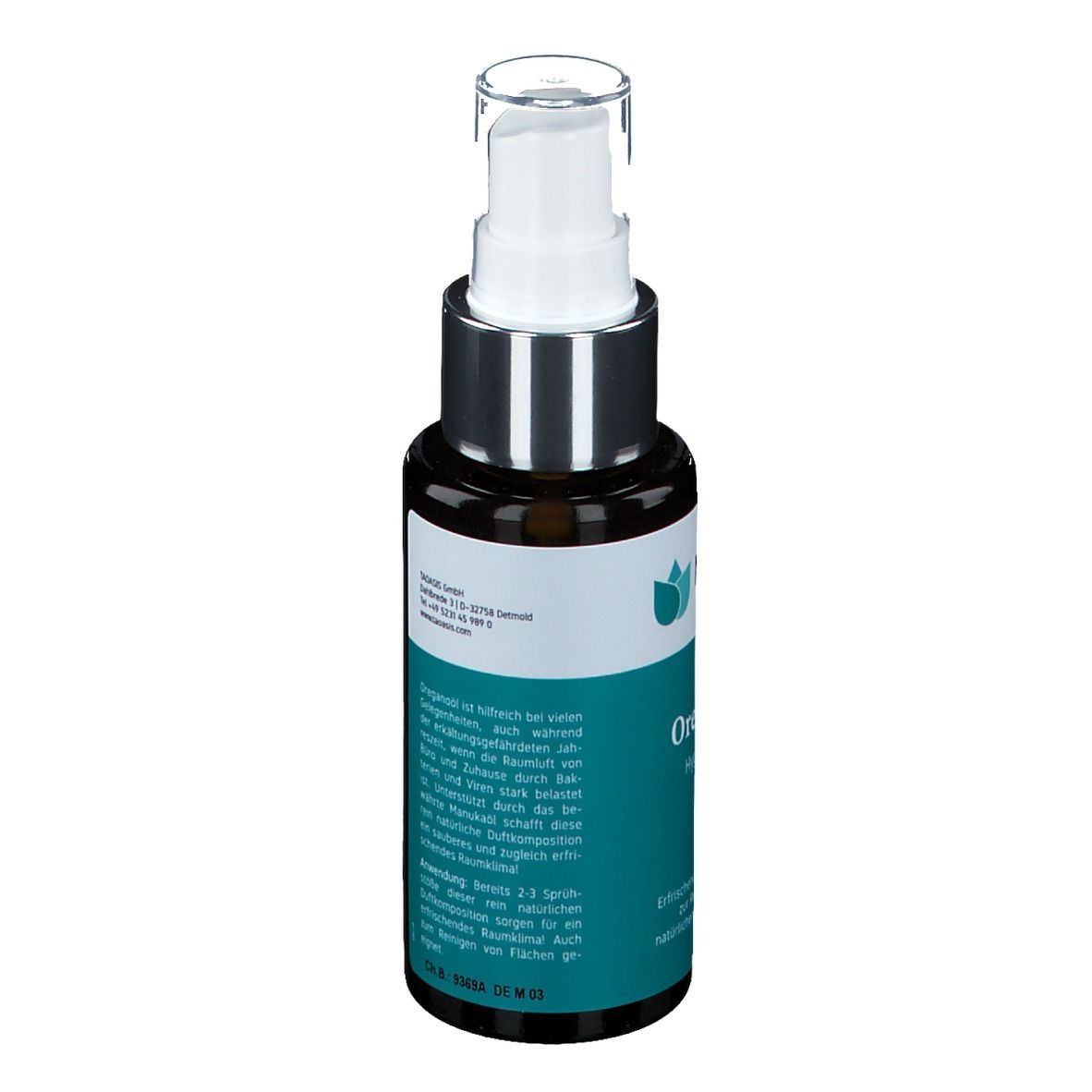 Braune Glasflasche mit weißem Pumpkopf. Aufschrift: Meditao, Oregatan Hygienespray. Etikett mit Text.