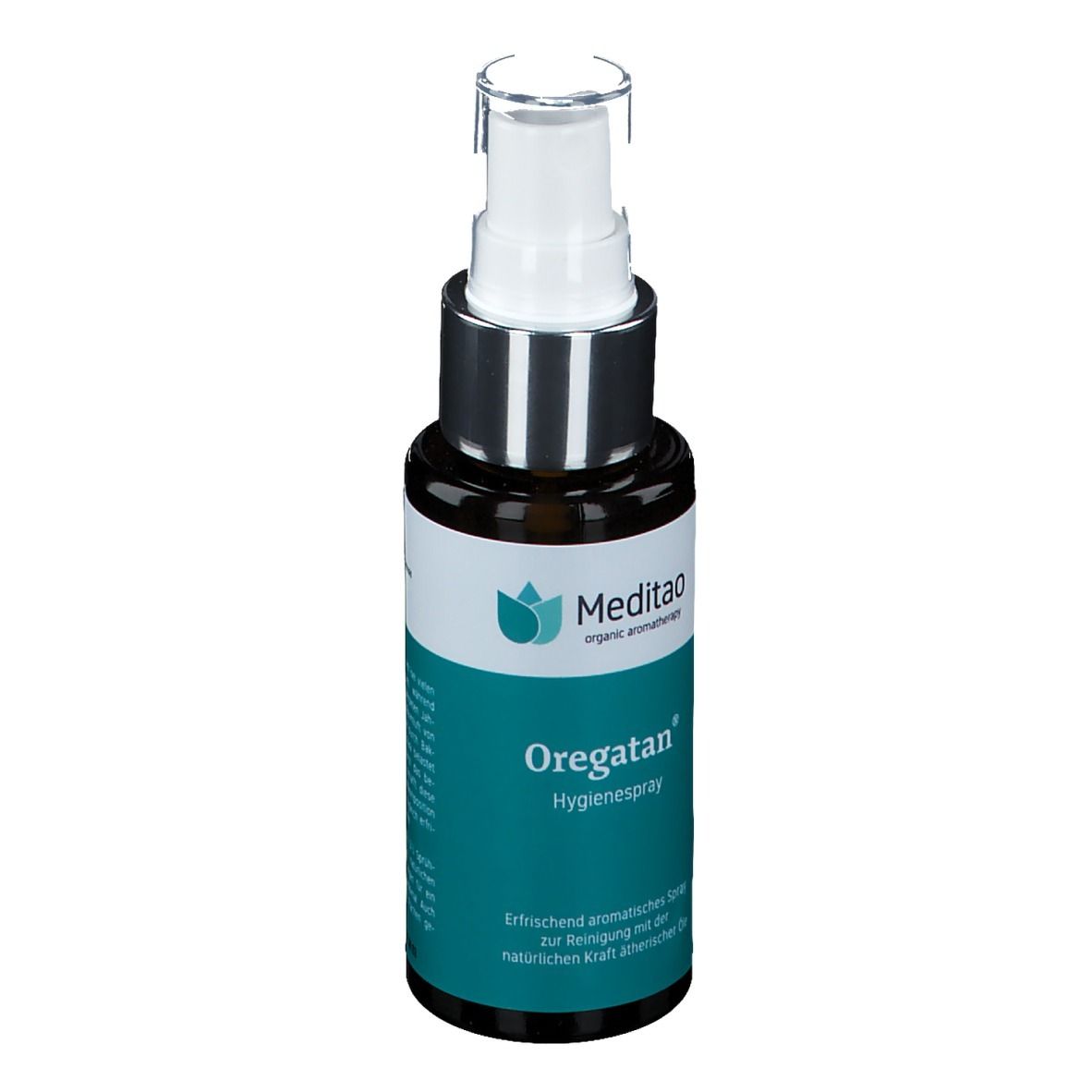 Braune Glasflasche mit weißem Pumpkopf. Aufschrift: Meditao, Oregatan Hygienespray. Türkis-weiße Etikettierung.