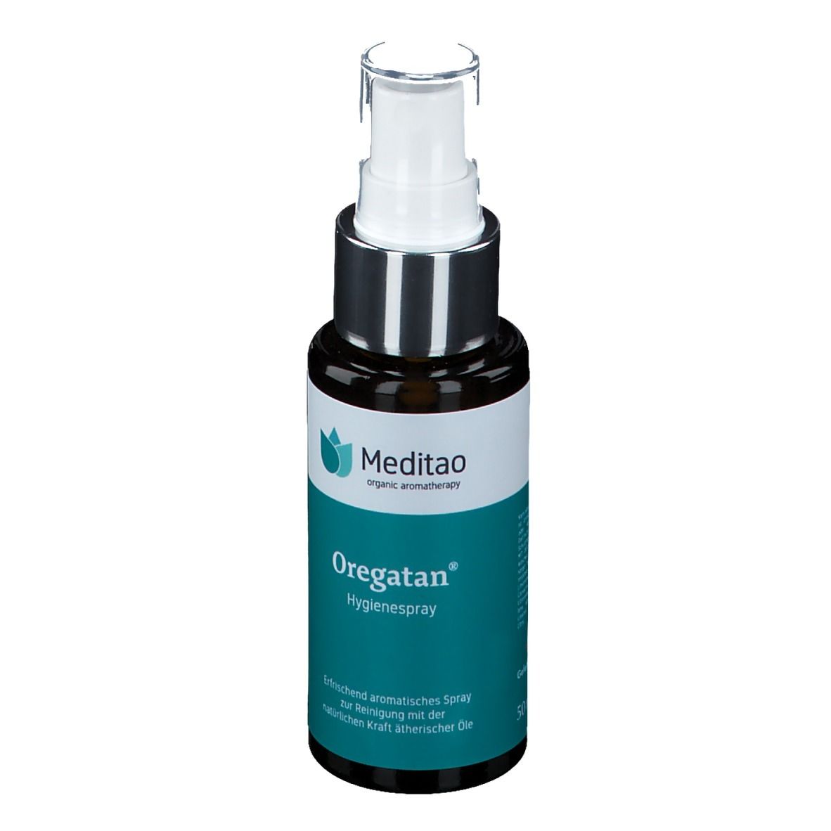 Braune Glasflasche mit weißem Pumpkopf. Aufschrift: Meditao, Oregatan Hygienespray. Türkis-weiße Etikettierung.