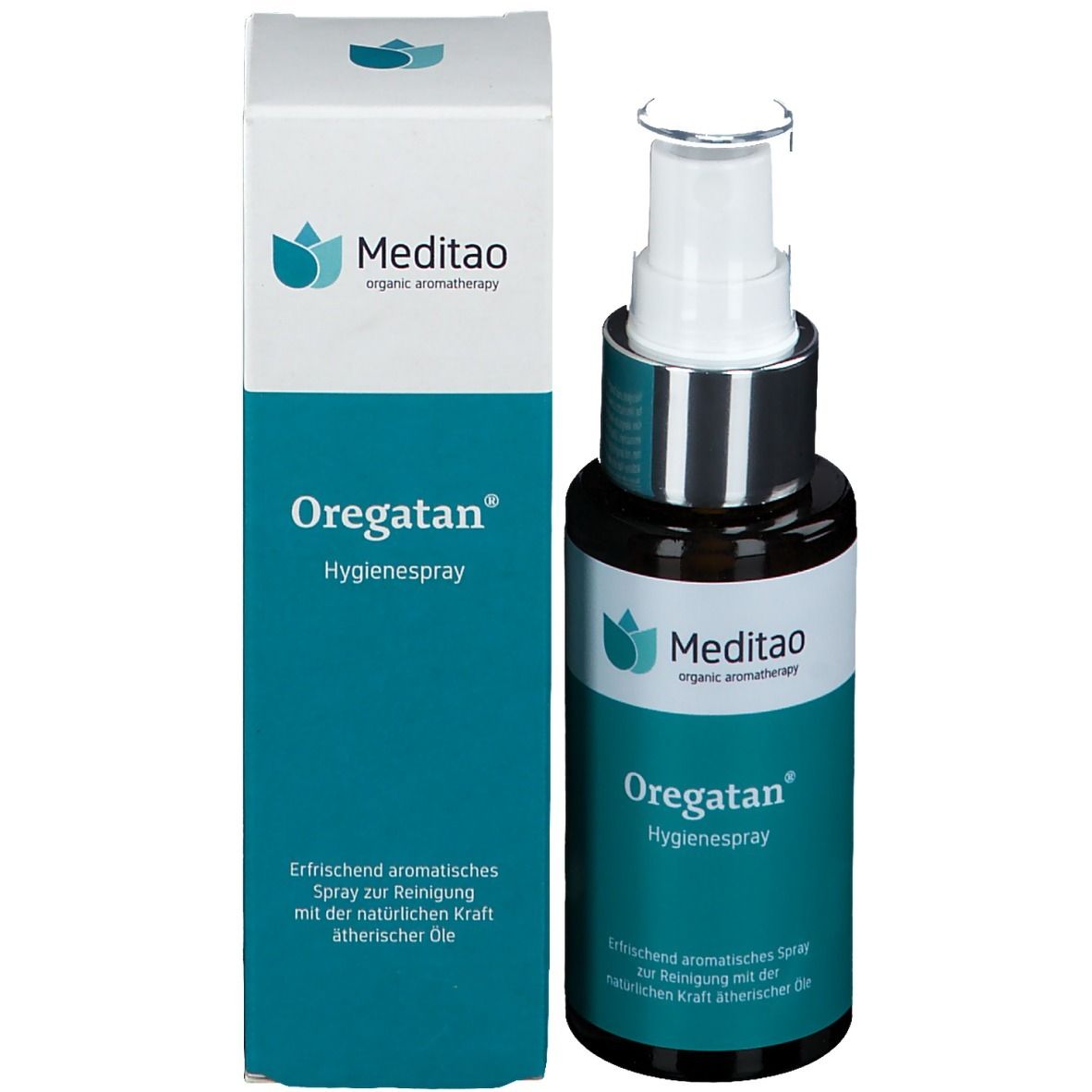 Produktflasche und Verpackung. Braune Glasflasche mit weißem Pumpkopf. Aufschrift: Meditao, Oregatan Hygienespray. Weiße Verpackung.