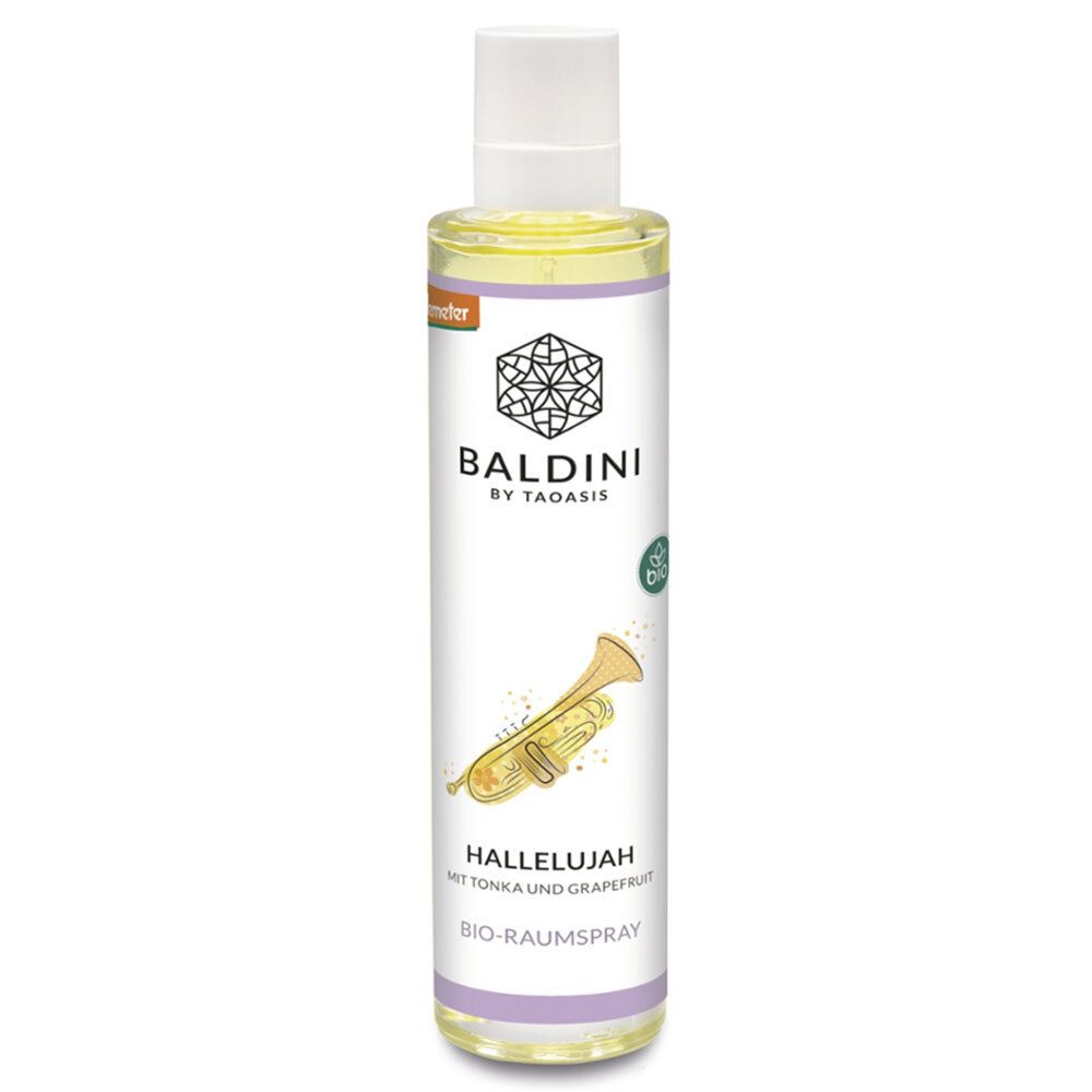Sprühflasche mit weißem Deckel. Aufschrift: BALDINI, HALLELUJAH, BIO-Raumspray. Illustration einer Trompete. Demeter-Siegel.