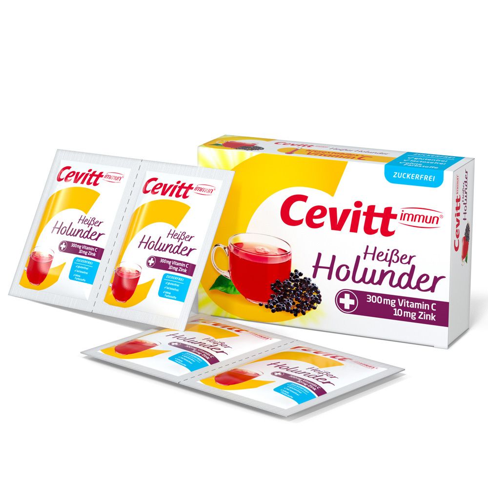 Cevitt immun Heißer Holunder zuckerfrei. Packung und Einzelbeutel. Getränk, Holunderbeeren und Vitamin C. Weiß-gelbe Verpackung.