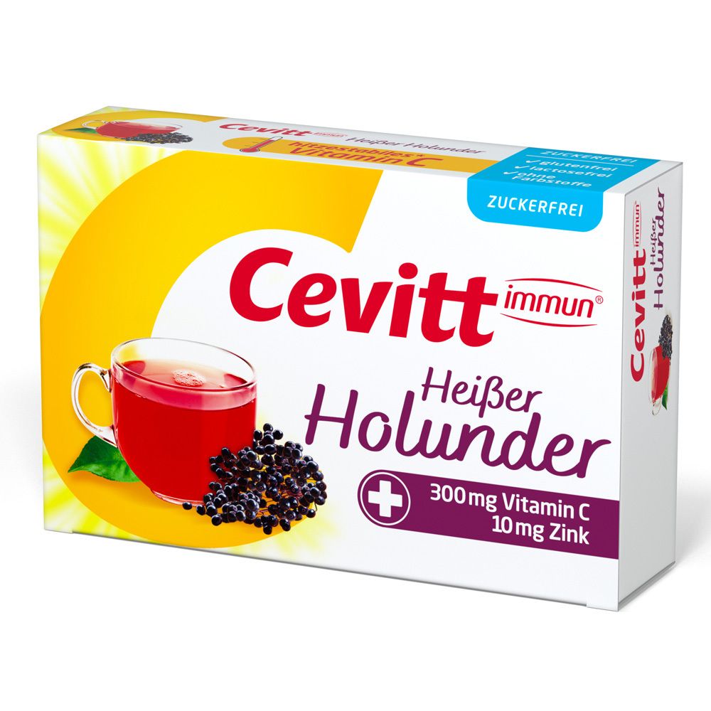 Cevitt immun® Heißer Holunder zuckerfrei. Packung mit Produktabbildung, Glas, Holunderbeeren.