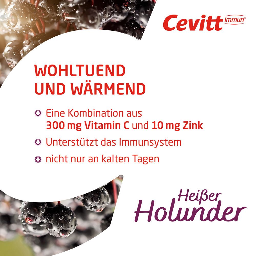 Text: Wohltuend und wärmend. Kombination aus 300mg Vitamin C und 10mg Zink. Unterstützt das Immunsystem. Nicht nur an kalten Tagen.