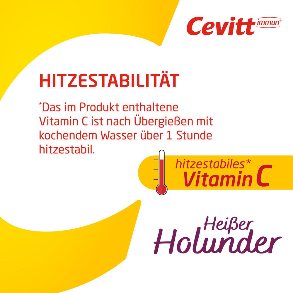 Text: Hitzestabilität. Vitamin C ist nach Übergießen mit kochendem Wasser über 1 Stunde hitzestabil. Thermometer-Symbol.