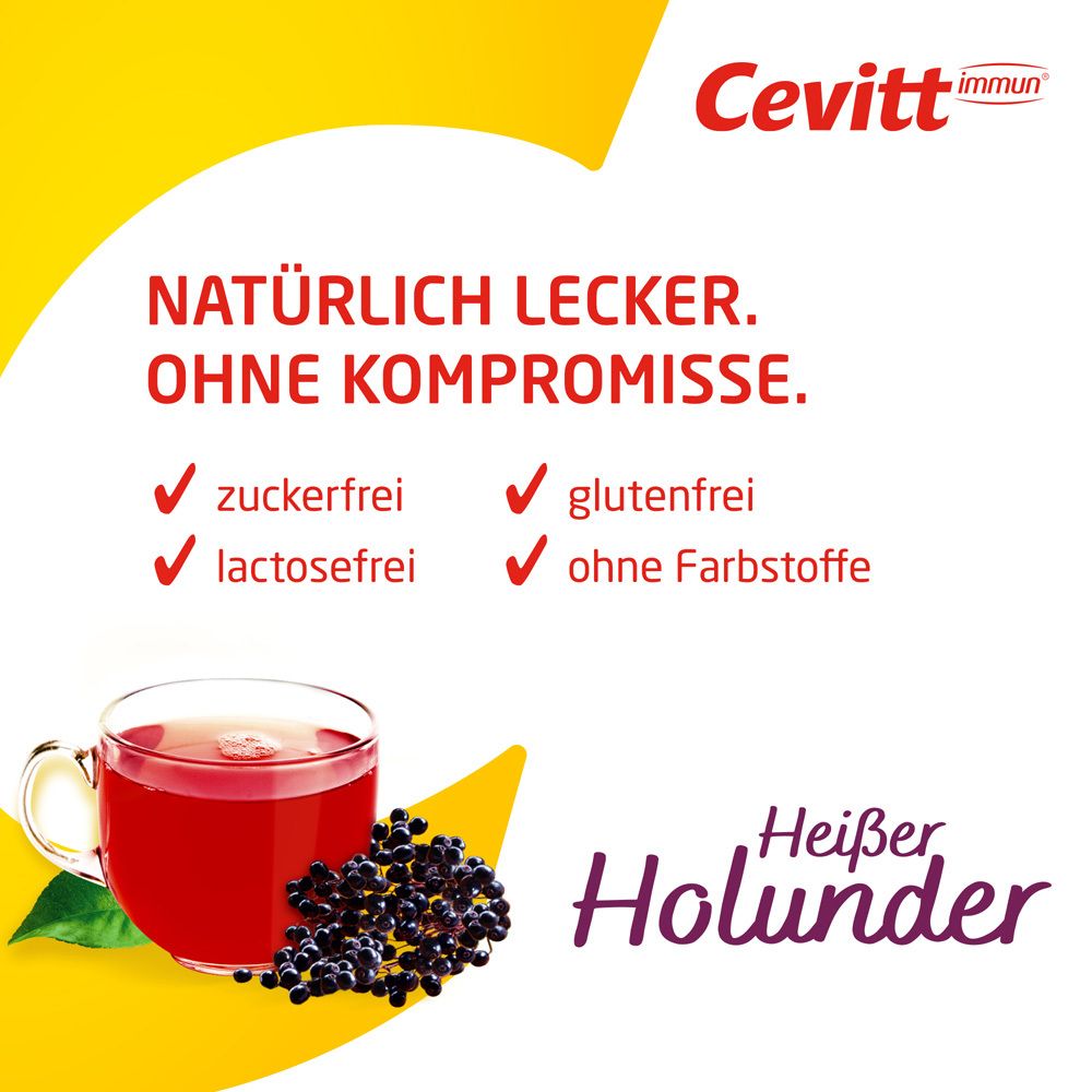 Text: Natürlich lecker. Ohne Kompromisse. Zuckerfrei, glutenfrei, lactosefrei, ohne Farbstoffe. Getränk mit Holunderbeeren.