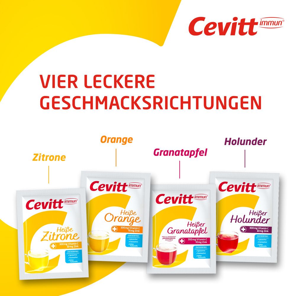 Vier Geschmacksrichtungen: Zitrone, Orange, Granatapfel, Holunder. Einzelbeutel mit Produktnamen und Geschmacksrichtung.