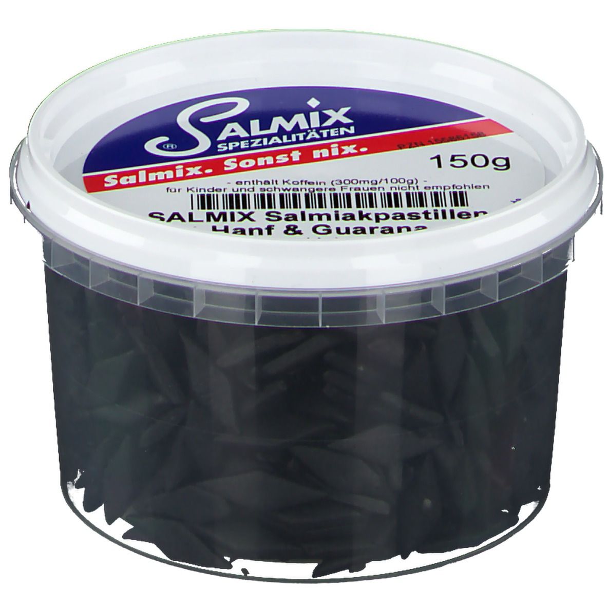 Runder, transparenter Behälter mit schwarzen Pastillen. Deckel mit SALMIX-Logo und Produktbezeichnung: Salmiakpastillen Hanf & Guarana.